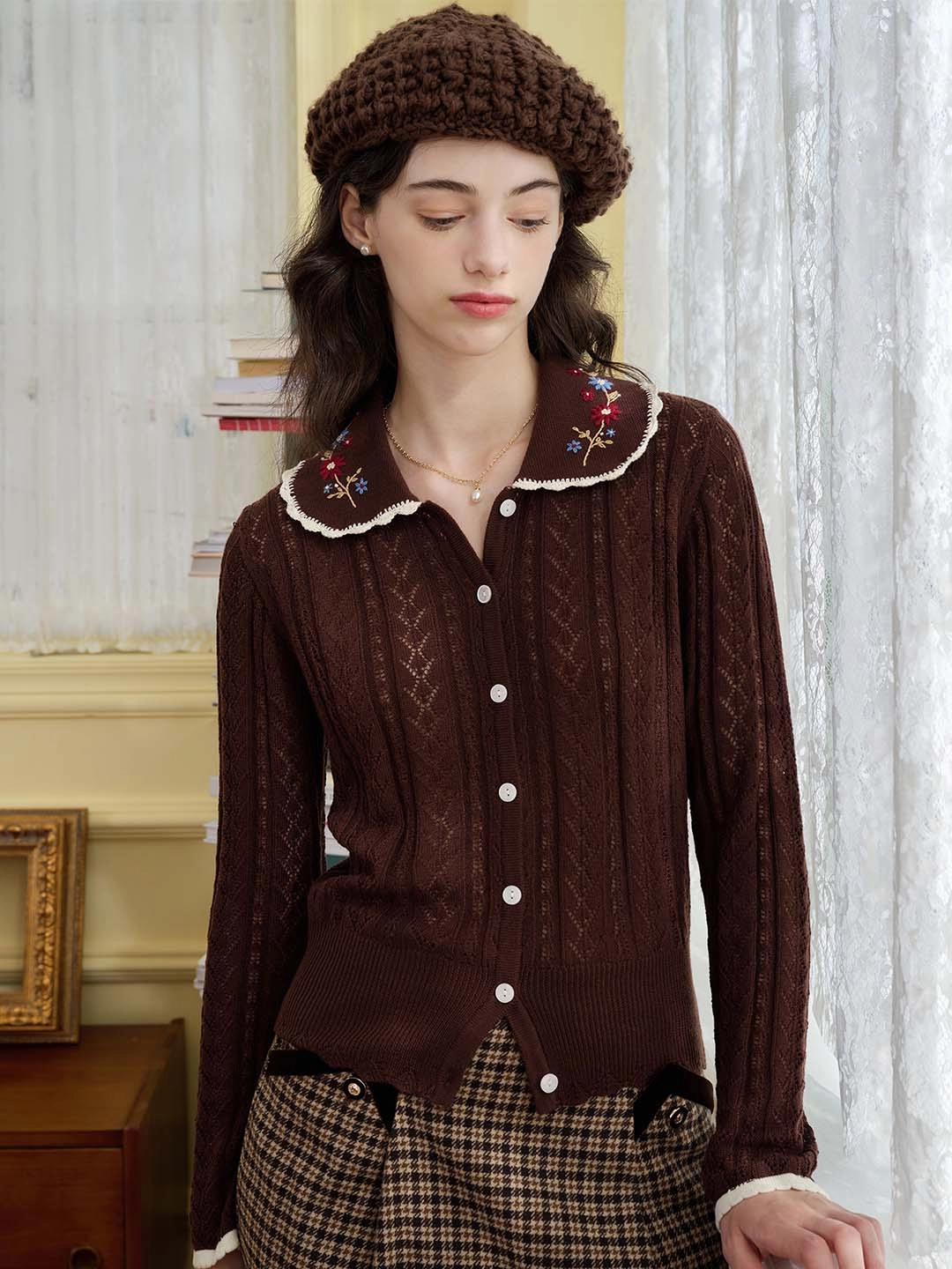 Mind Glow ??Final Sale??Shay Peter Pan Collar Embroidered Contrast Cutout Cardigan