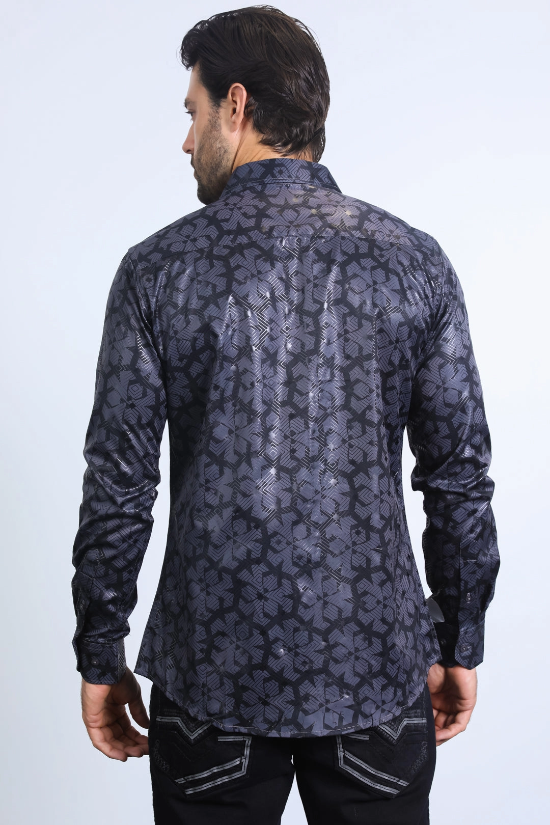 Metallic Finish Mens Modern Fit Stretch Foil Fashion Black Shirt