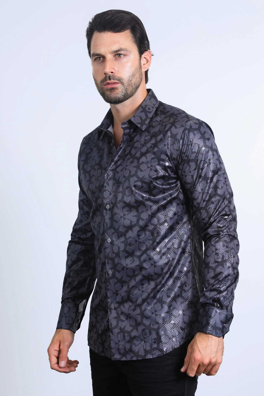 Non Chafe Seams Mens Modern Fit Stretch Foil Fashion Black Shirt