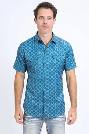 Mens Performance Western Short Sleeve Aztec Print Blue Shirt Bold Hue Fashionable Comfort