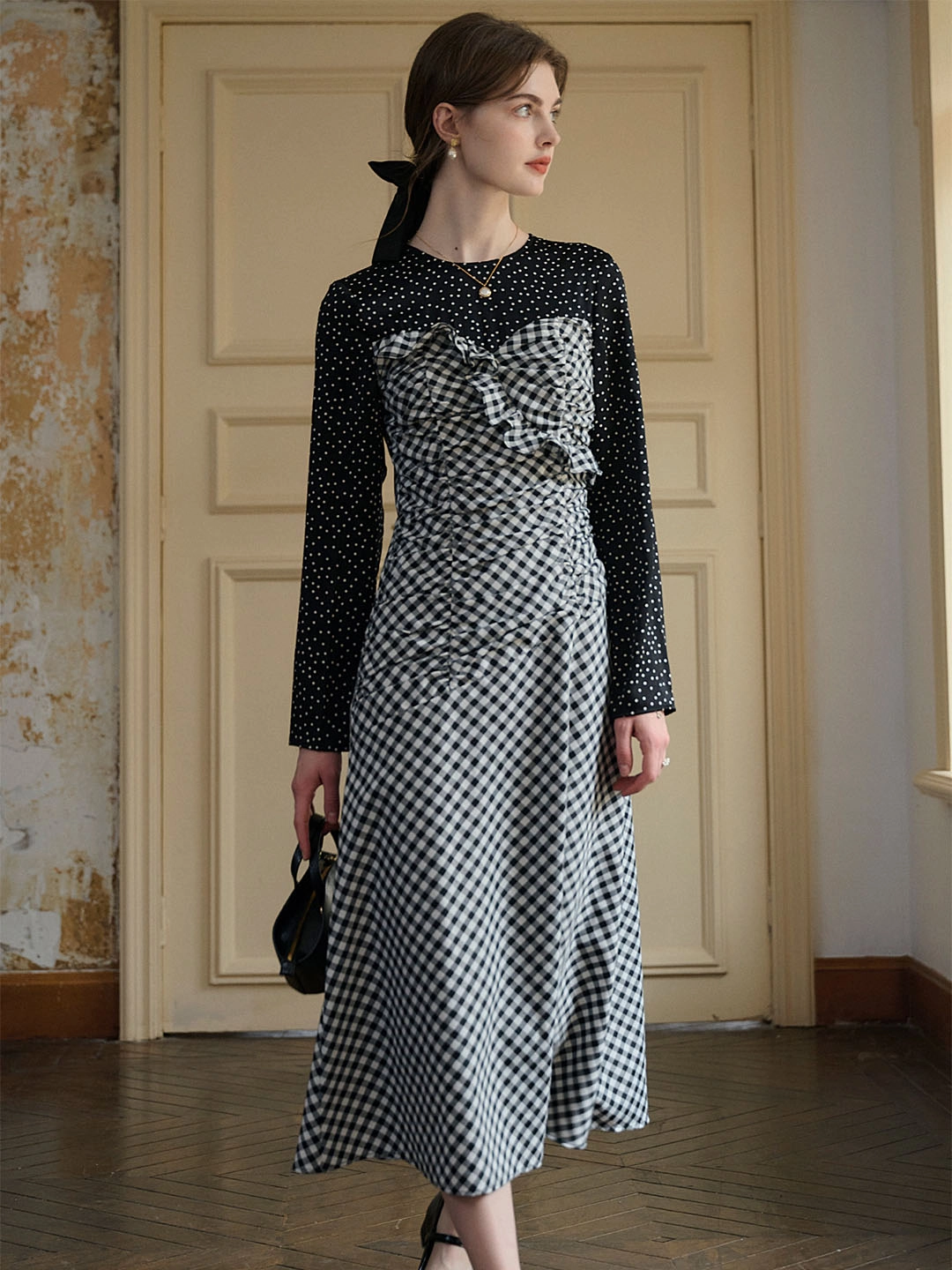 HighElasticity Fiber ??Final Sale??Amara Classic Round Neck Patchwork Plaid Dress