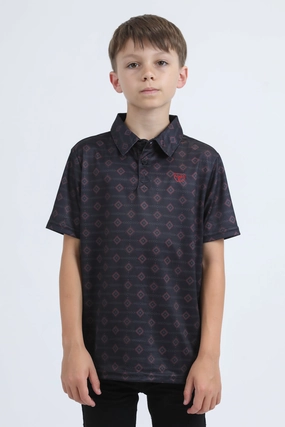 Kids Performance Fabric Modern Fit Stretch Aztec Print Black Polo TaglessDesign