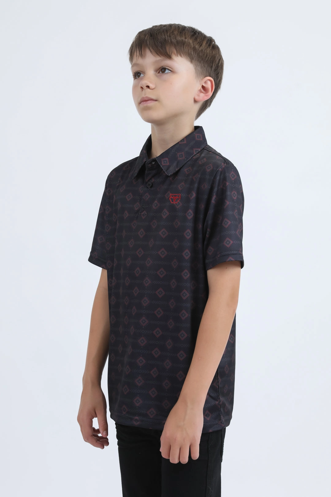 Kids Performance Fabric Modern Fit Stretch Aztec Print Black Polo Sky Mood Work Mix