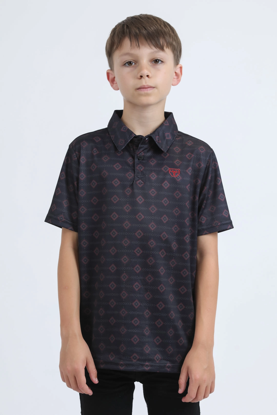 Kids Performance Fabric Modern Fit Stretch Aztec Print Black Polo TaglessDesign