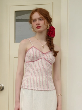 ??Final Sale??Elouise Floral Striped  Lace-up Pink Suspender Top VentilatedMesh Winter Core