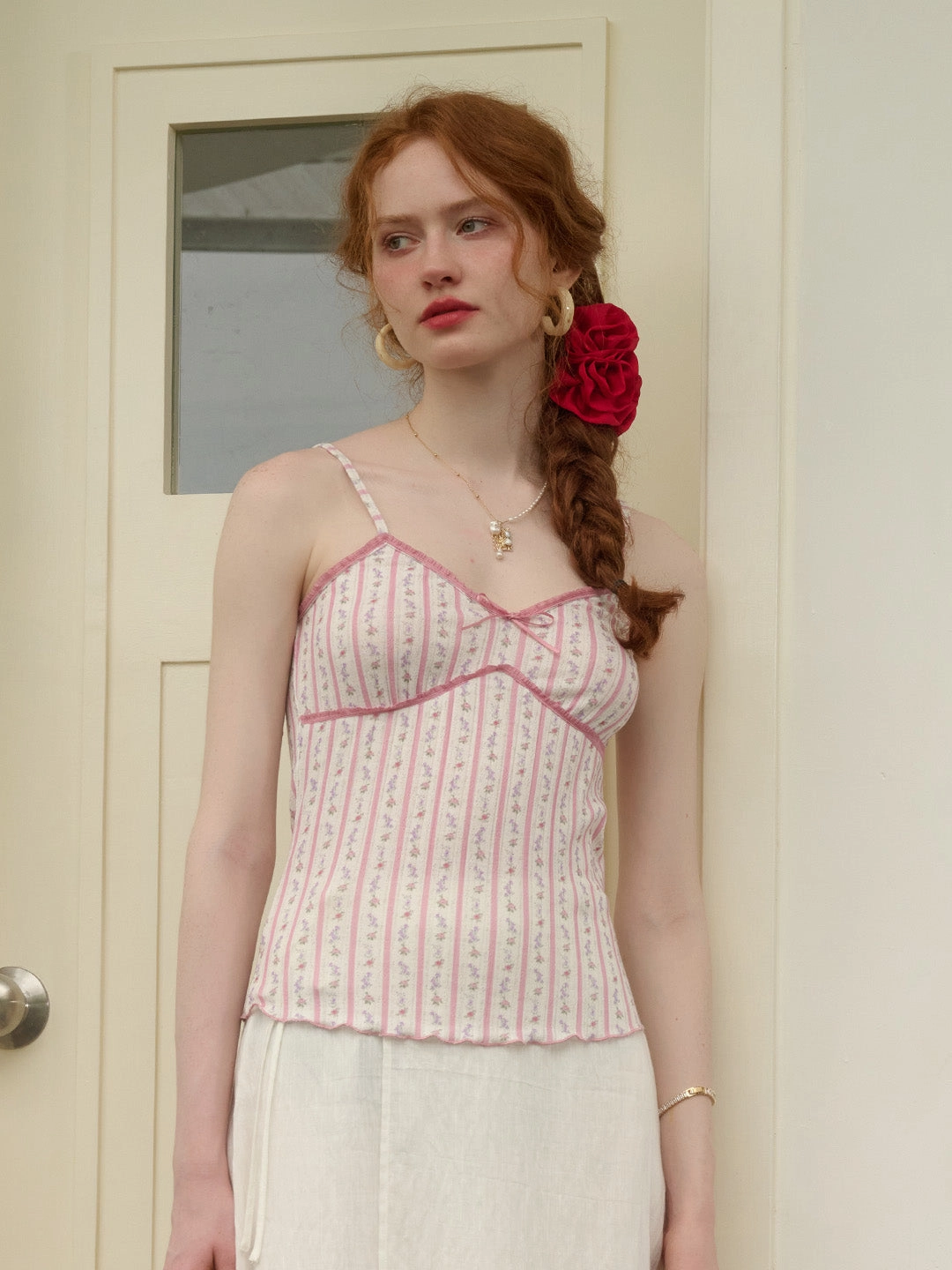 ??Final Sale??Elouise Floral Striped  Lace-up Pink Suspender Top HighDensityWeave