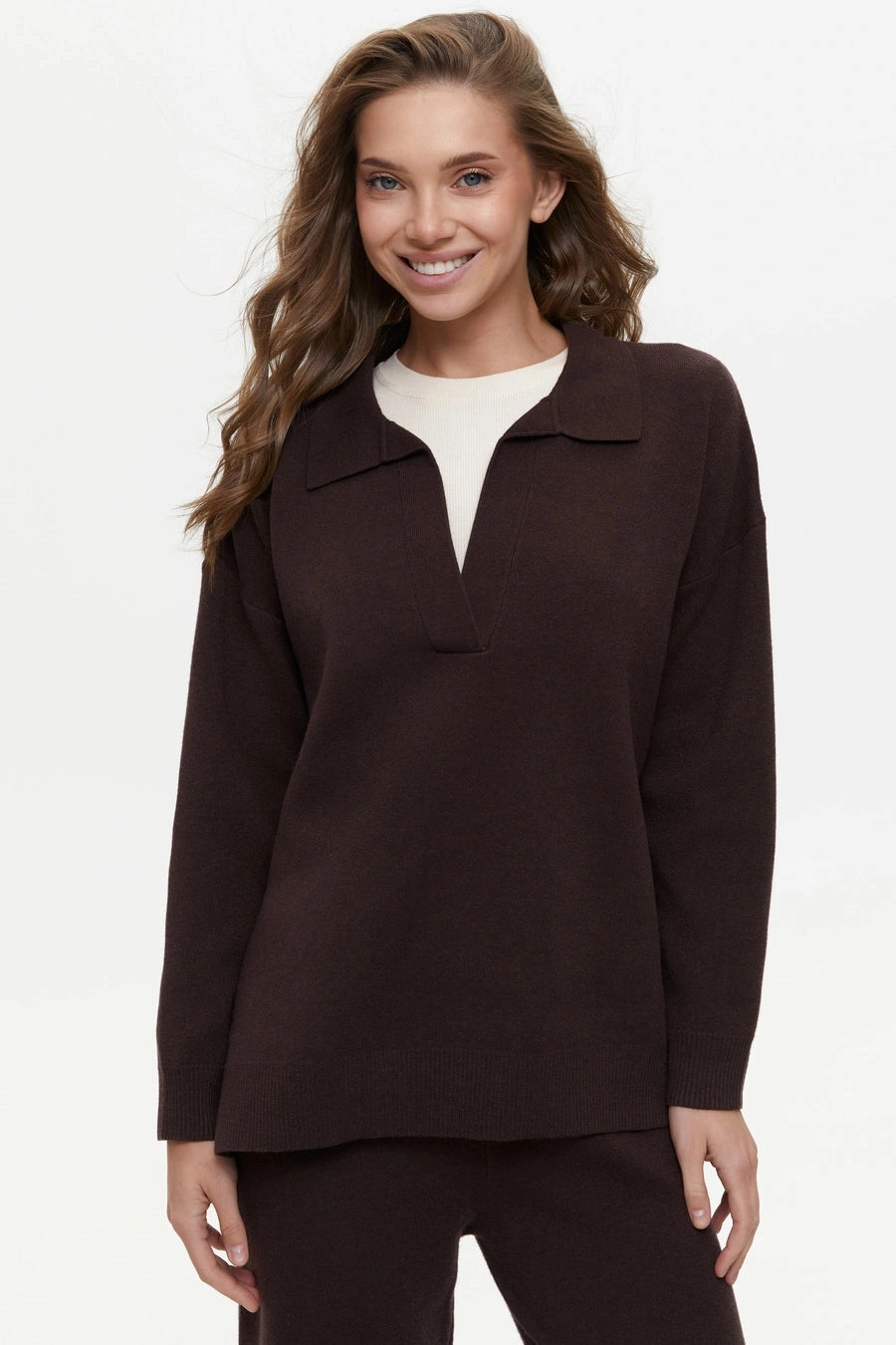 Versatile Fashion EcoFriendlyMaterial Two piece brown suit with Relaxed Fit Polo Sweater and Palazzo Pants