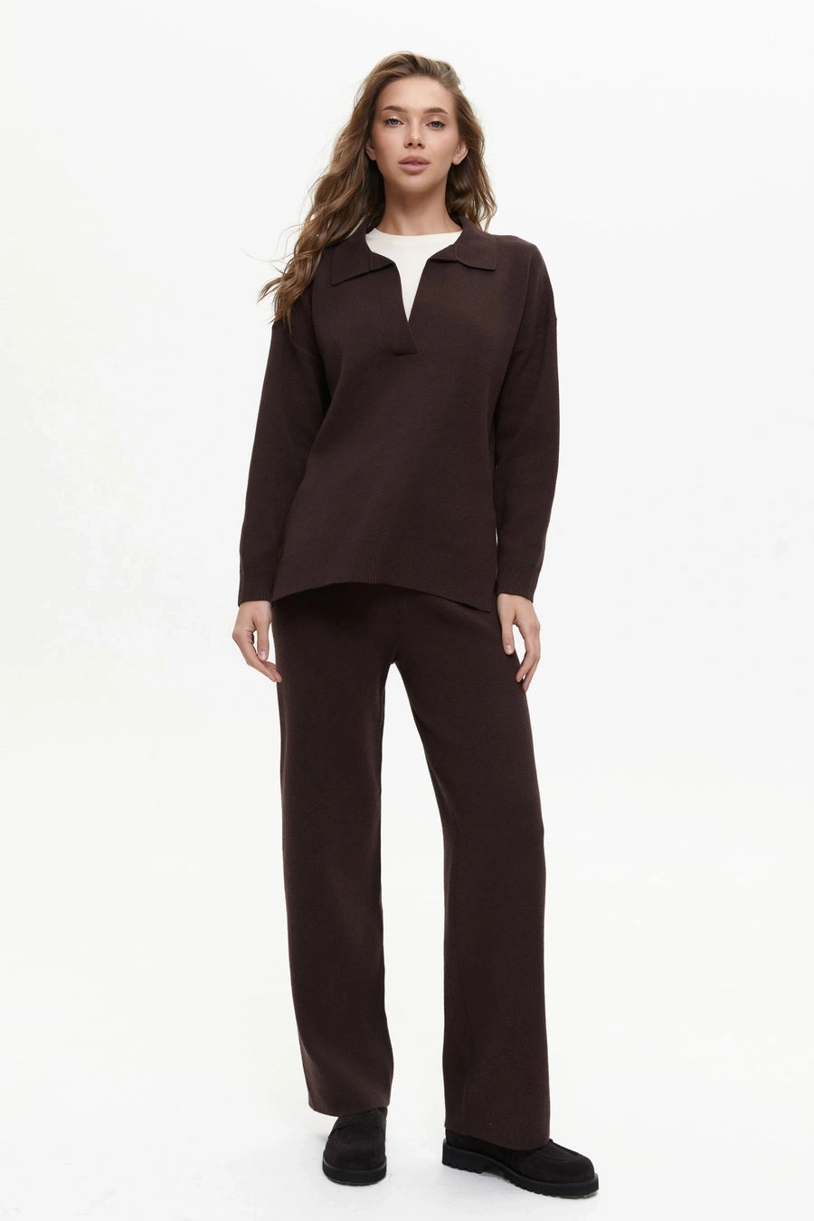 Two piece brown suit with Relaxed Fit Polo Sweater and Palazzo Pants Luxury Mood HypoallergenicMaterial