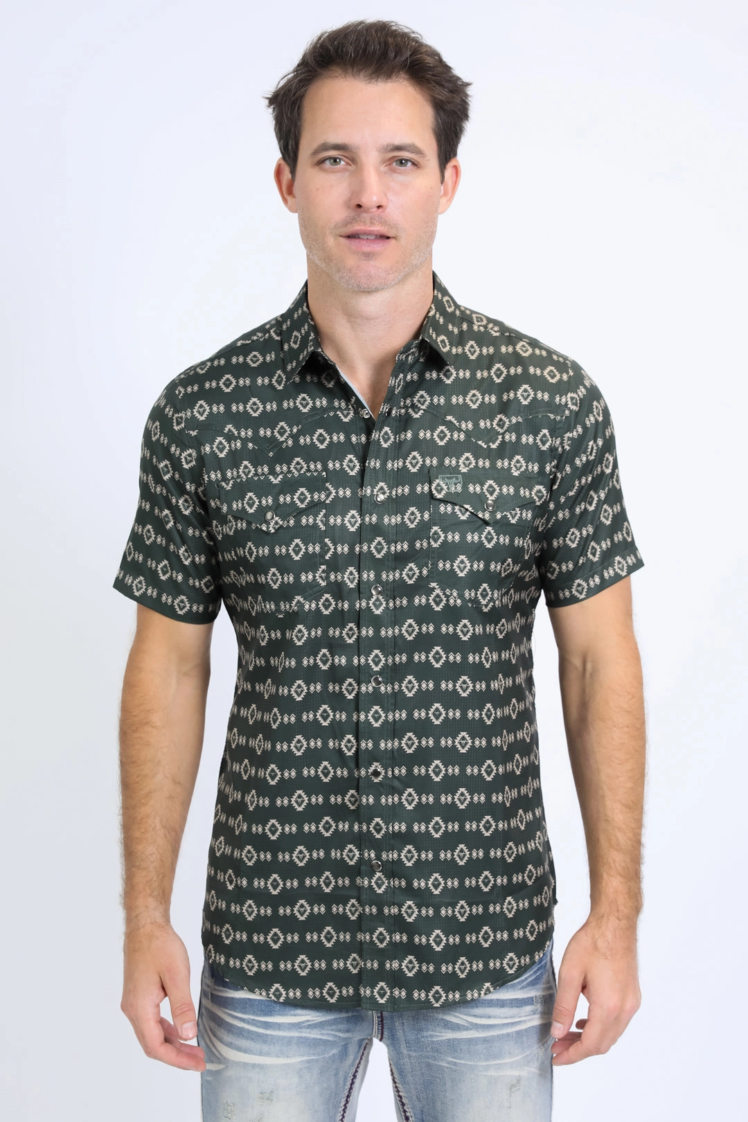 Mens Performance Western Short Sleeve Aztec Print Green Shirt Pullover Design Urban Comfort