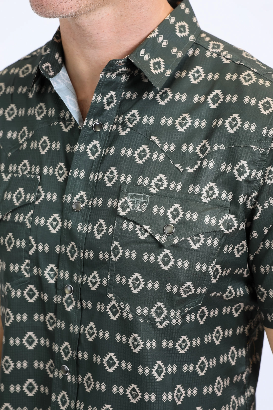 No Slip Shoulder Grip Mens Performance Western Short Sleeve Aztec Print Green Shirt