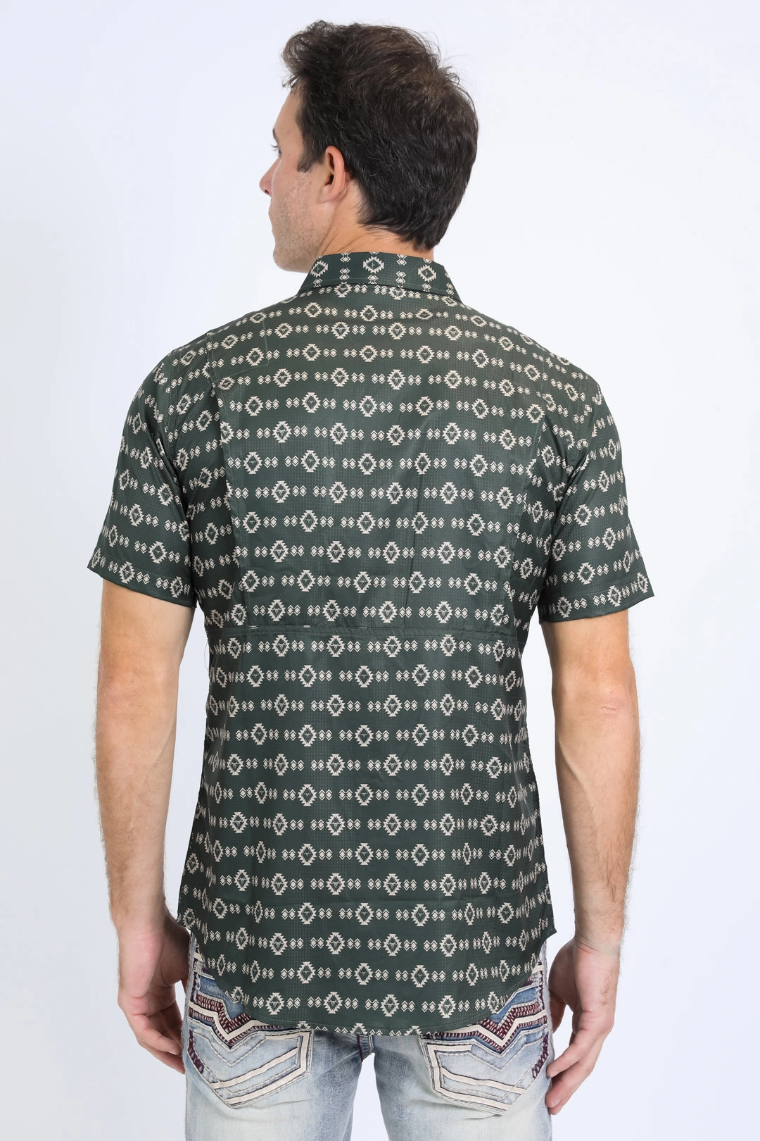 Mens Performance Western Short Sleeve Aztec Print Green Shirt Seasonal Collection