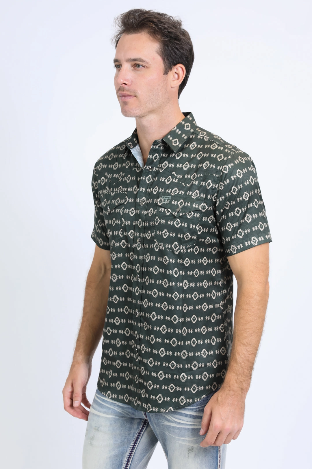 Mens Performance Western Short Sleeve Aztec Print Green Shirt Fashion Statement Hooded Neckline