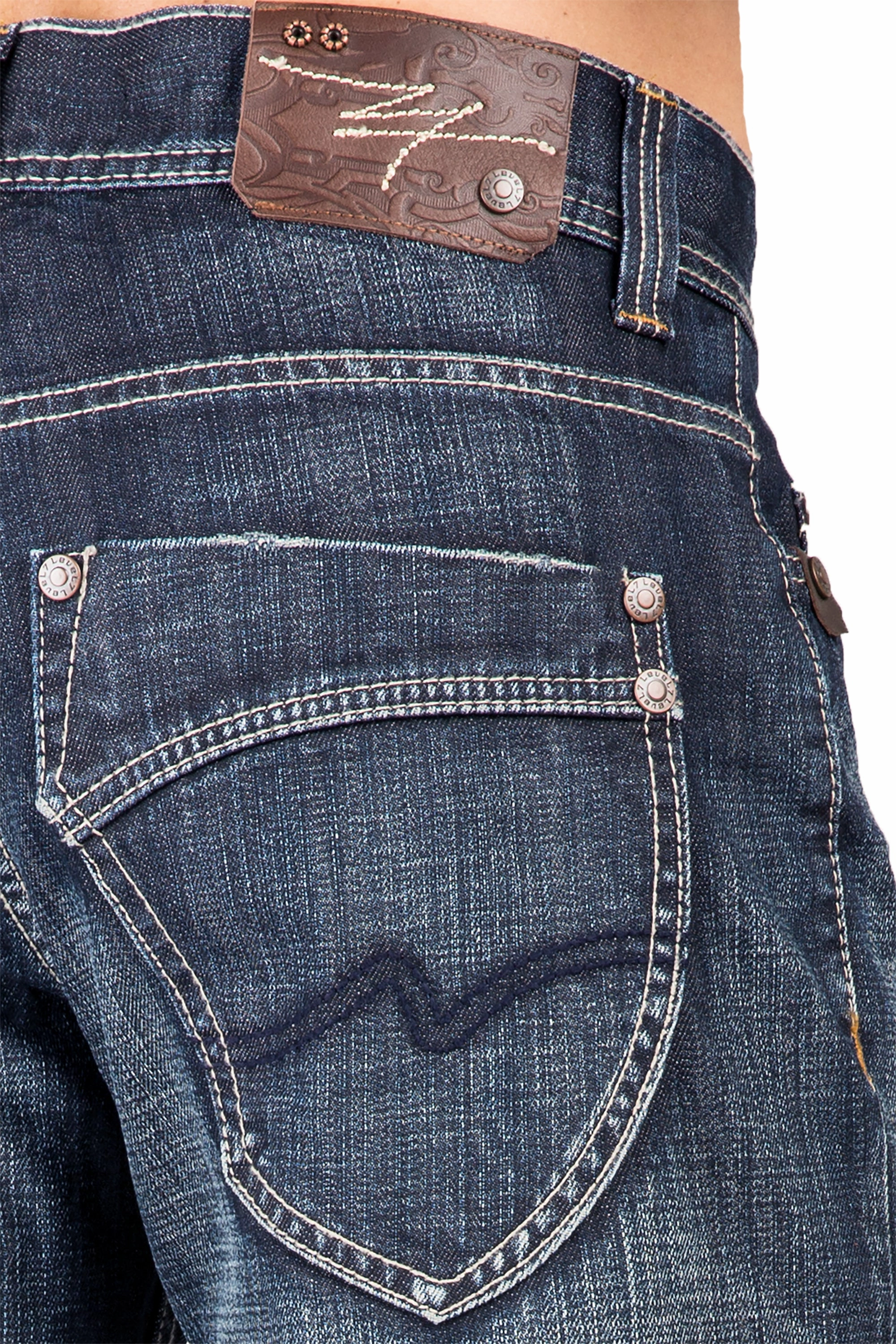 Midrise Relaxed Bootcut Faded Blue-Black Premium Denim 5 Pocket Jeans Blizzard Whiskering MatteFinishTexture AbrasionResistant Material