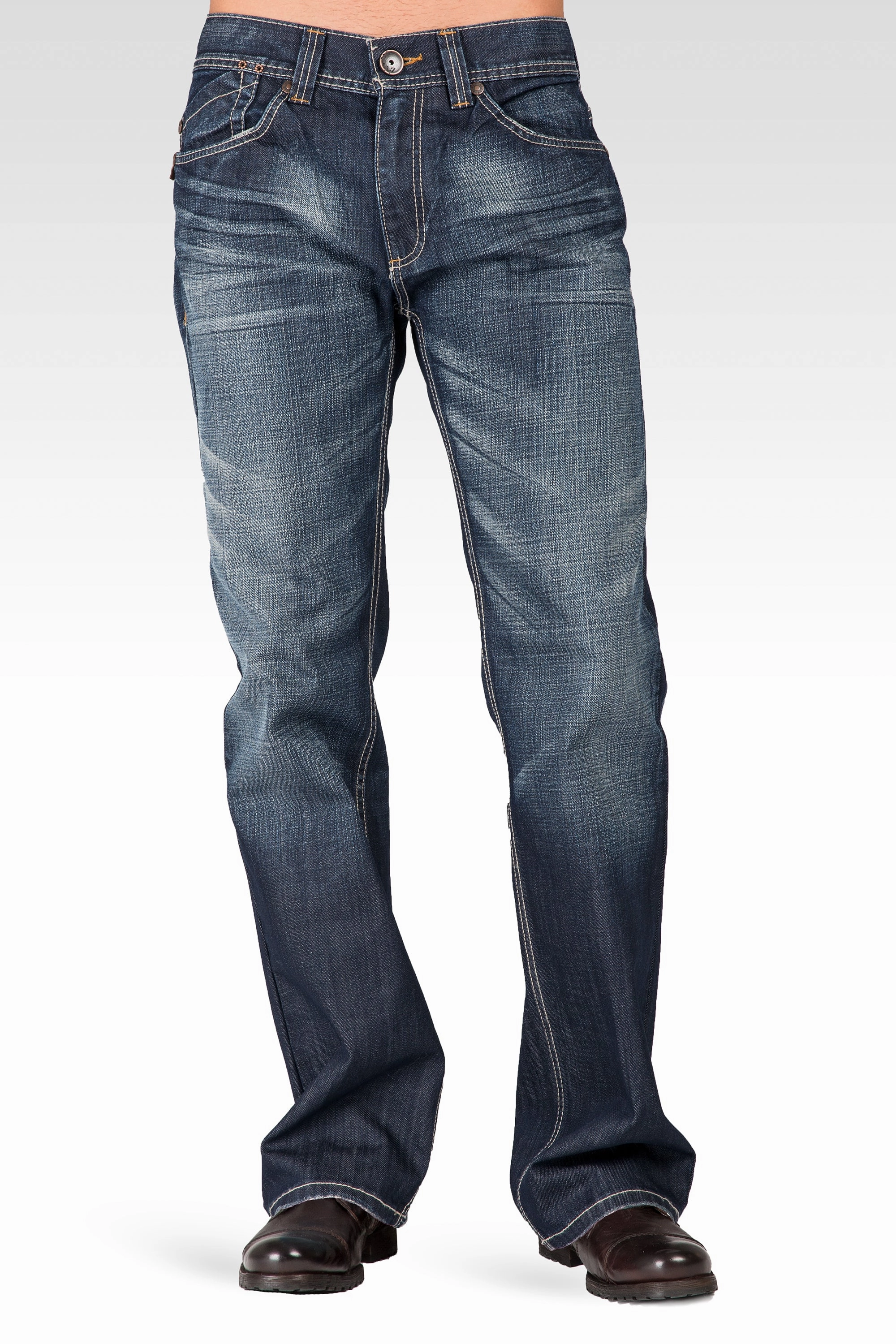 Midrise Relaxed Bootcut Faded Blue-Black Premium Denim 5 Pocket Jeans Blizzard Whiskering FadeResistantColors