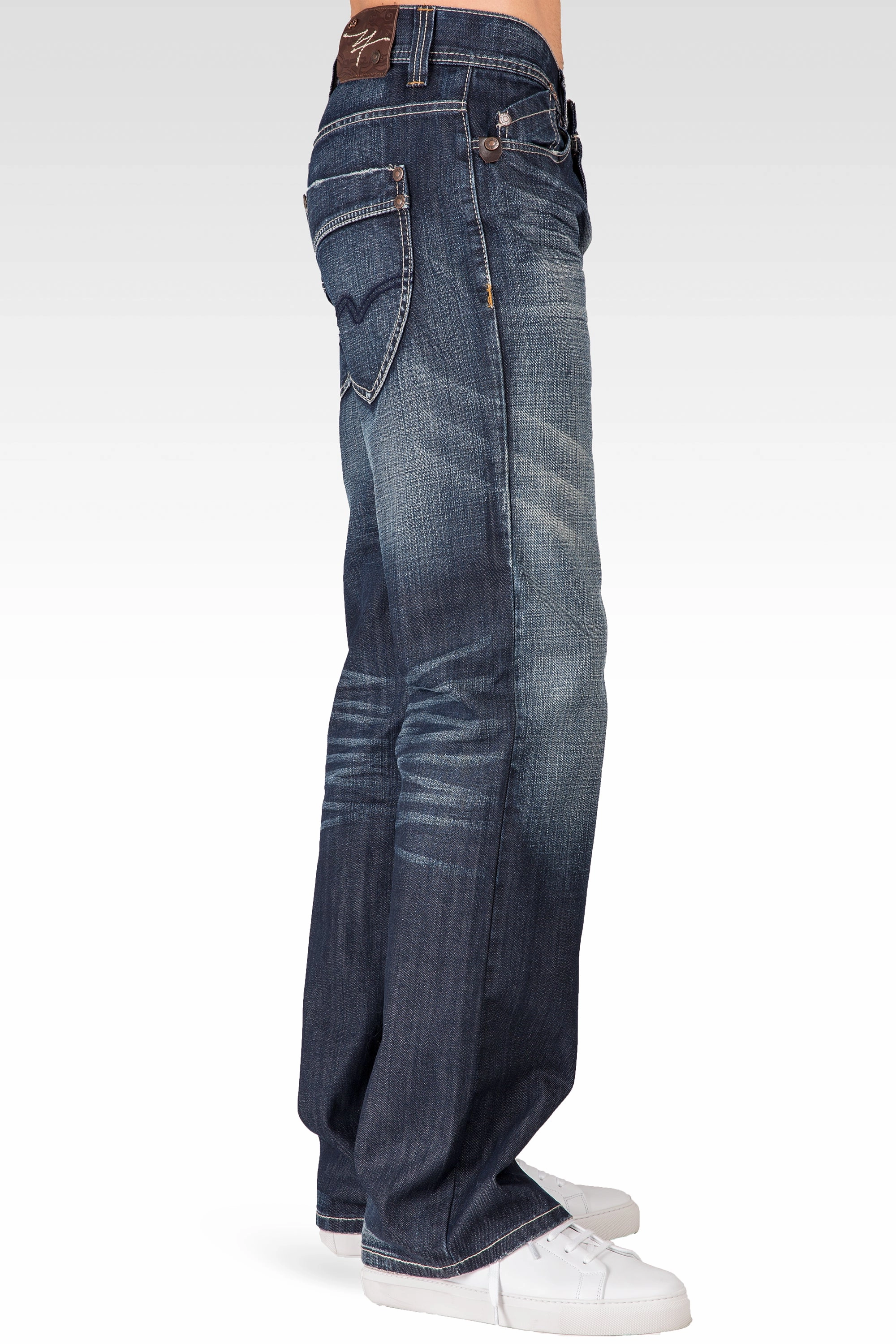 Layer Safe Midrise Relaxed Bootcut Faded Blue-Black Premium Denim 5 Pocket Jeans Blizzard Whiskering