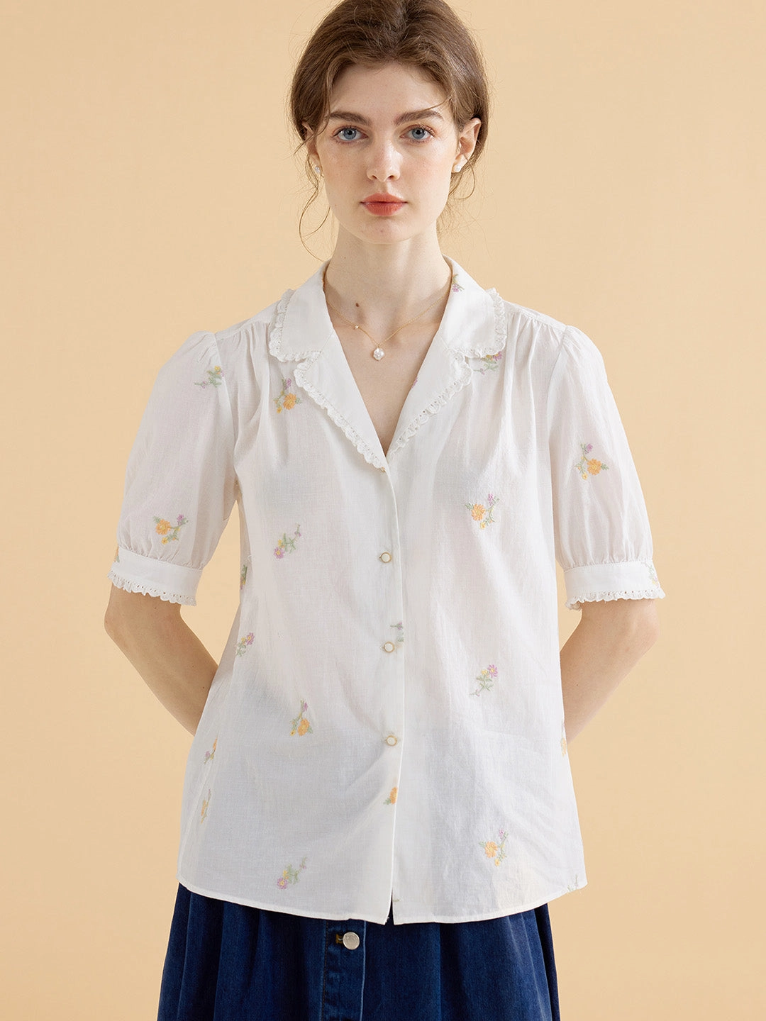 Marceline Simple V Neck Embroidered Cotton Shirt Spring Glow