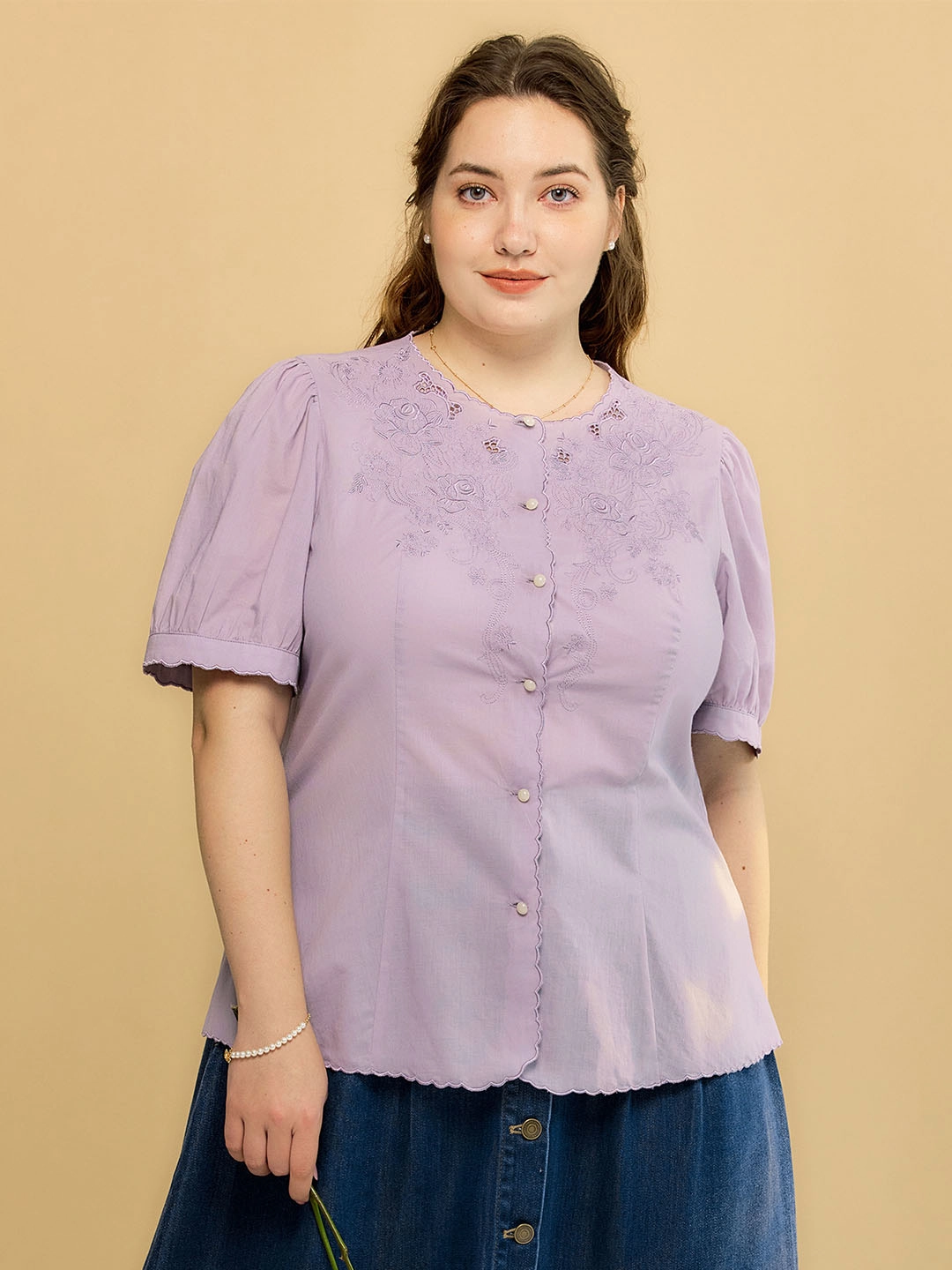 ??Final Sale??Plus Size Gracie Round Collar Embroidery Blouse-Taro Purple Winter Essential