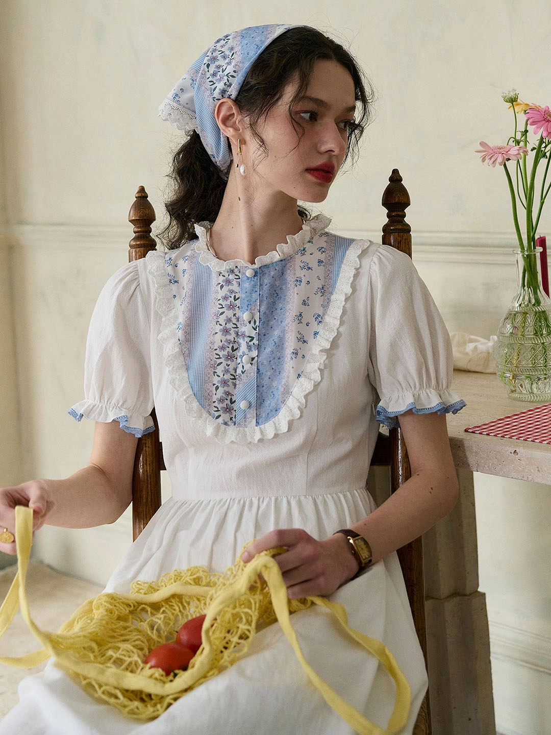 Digital Glow ??Final Sale??Katie Lace Round Neck Striped Floral Contrast Puff Sleeve Patchwork Cotton Dress