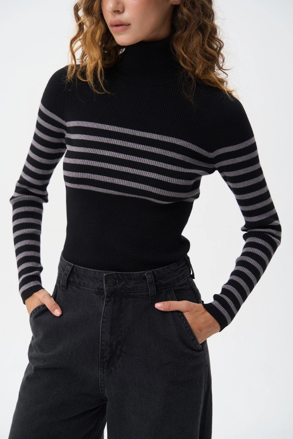Black turtleneck sweater with a grey stripe Sleek Performance Fit Comfy Performance