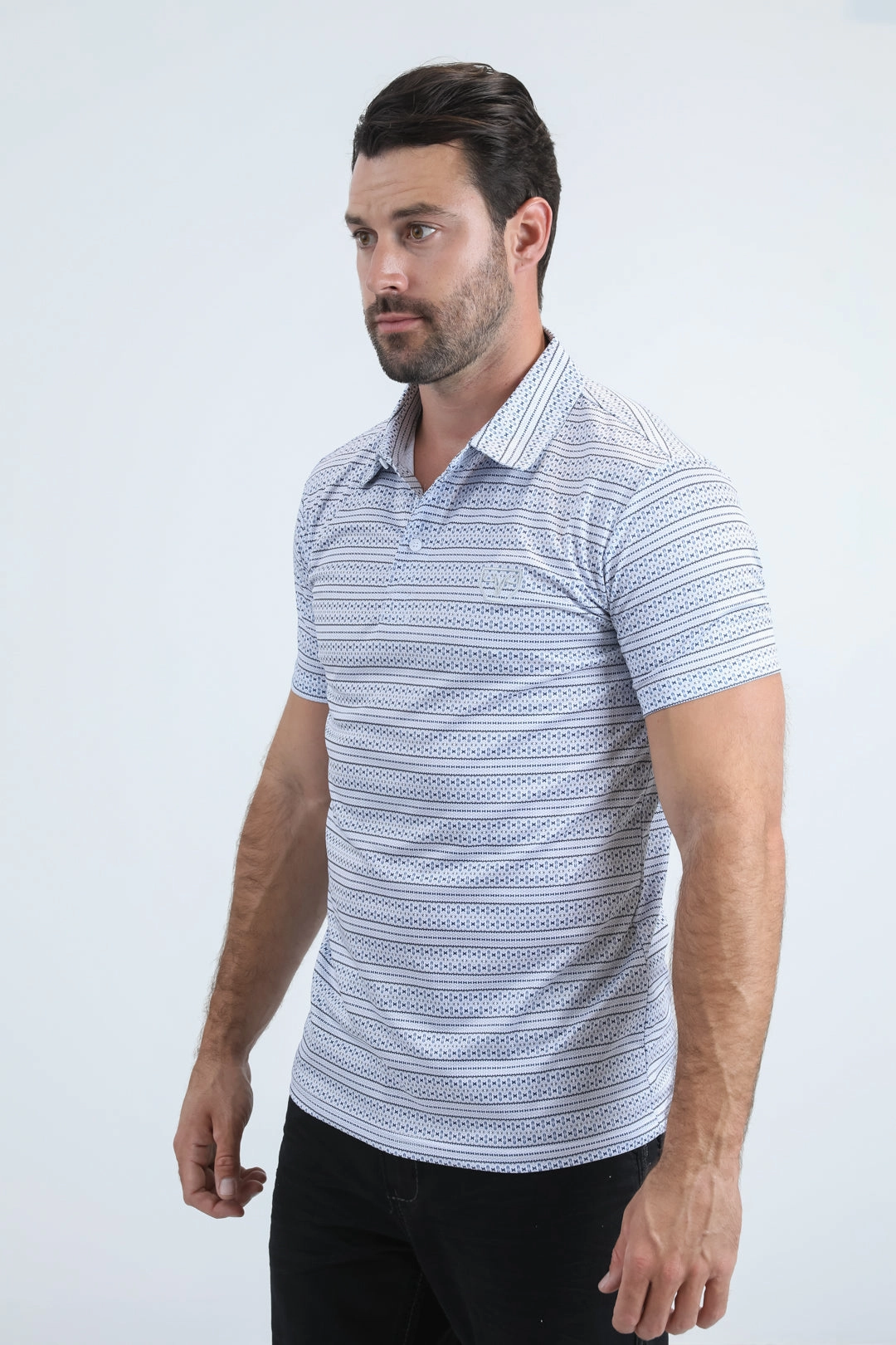 Mens Performance Fabric Modern Fit Stretch Aztec Print White Polo Functional Top