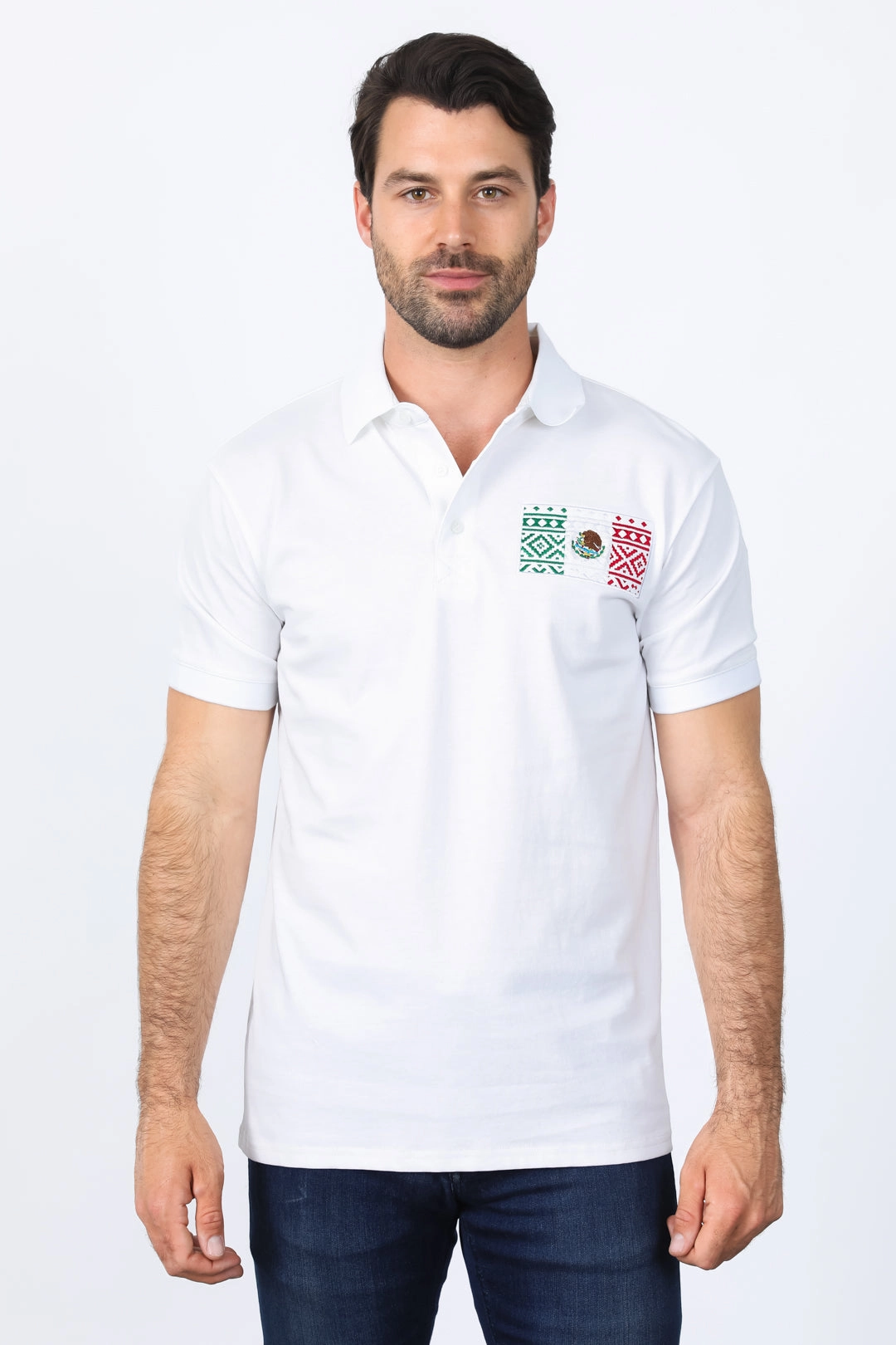 Mens Modern Fit Stretch MEXICO Embroidery Polo Premium Look