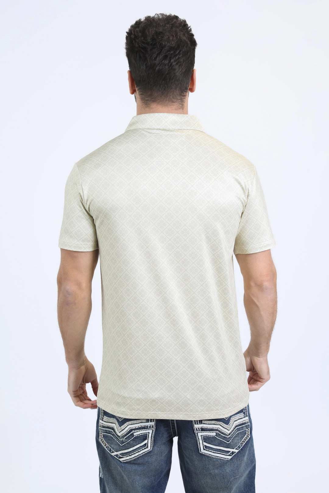 Mens Performance Fabric Modern Fit Stretch Aztec Print Beige Polo Cozy Fit