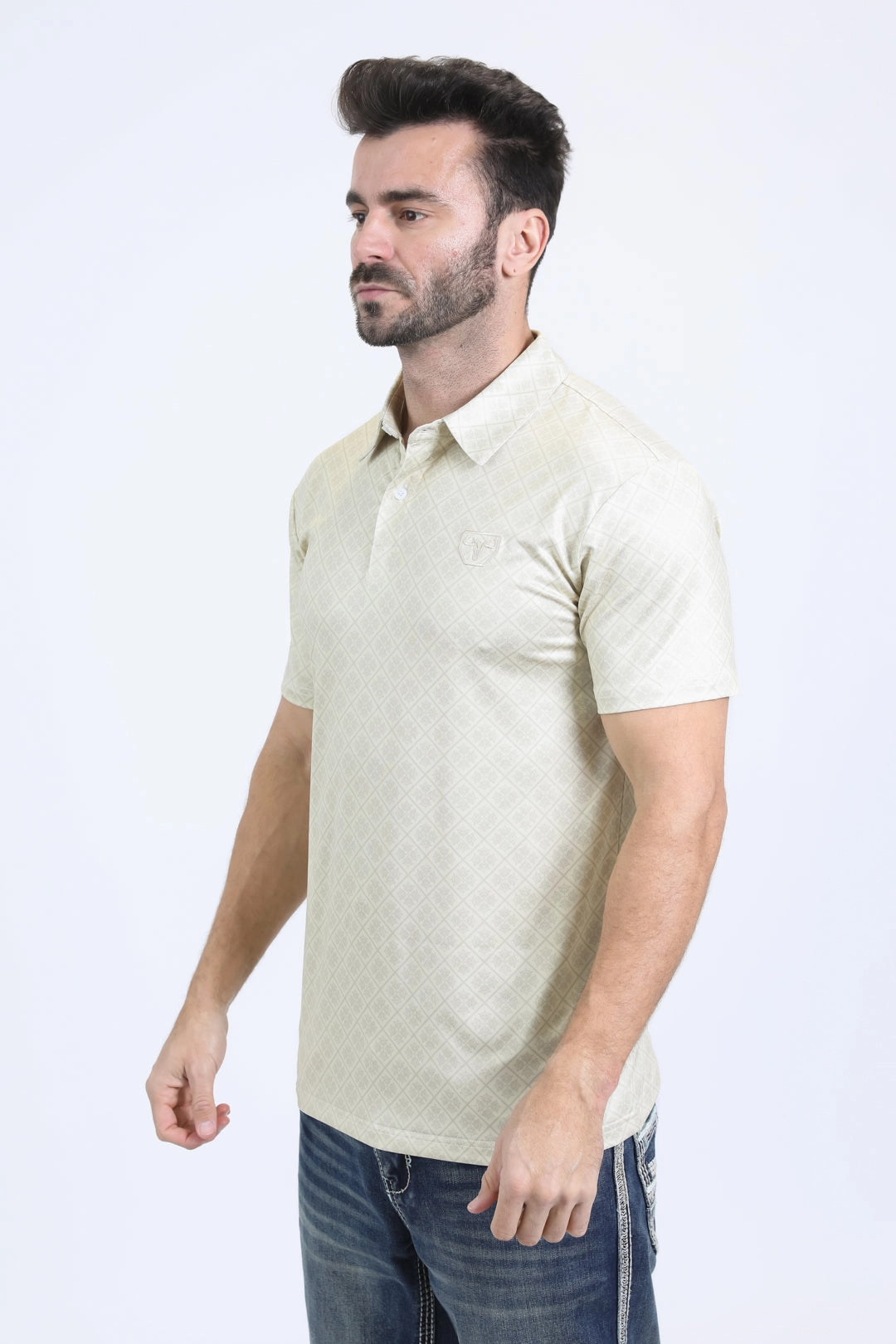 Mens Performance Fabric Modern Fit Stretch Aztec Print Beige Polo YarnDyed Construction Fit For All