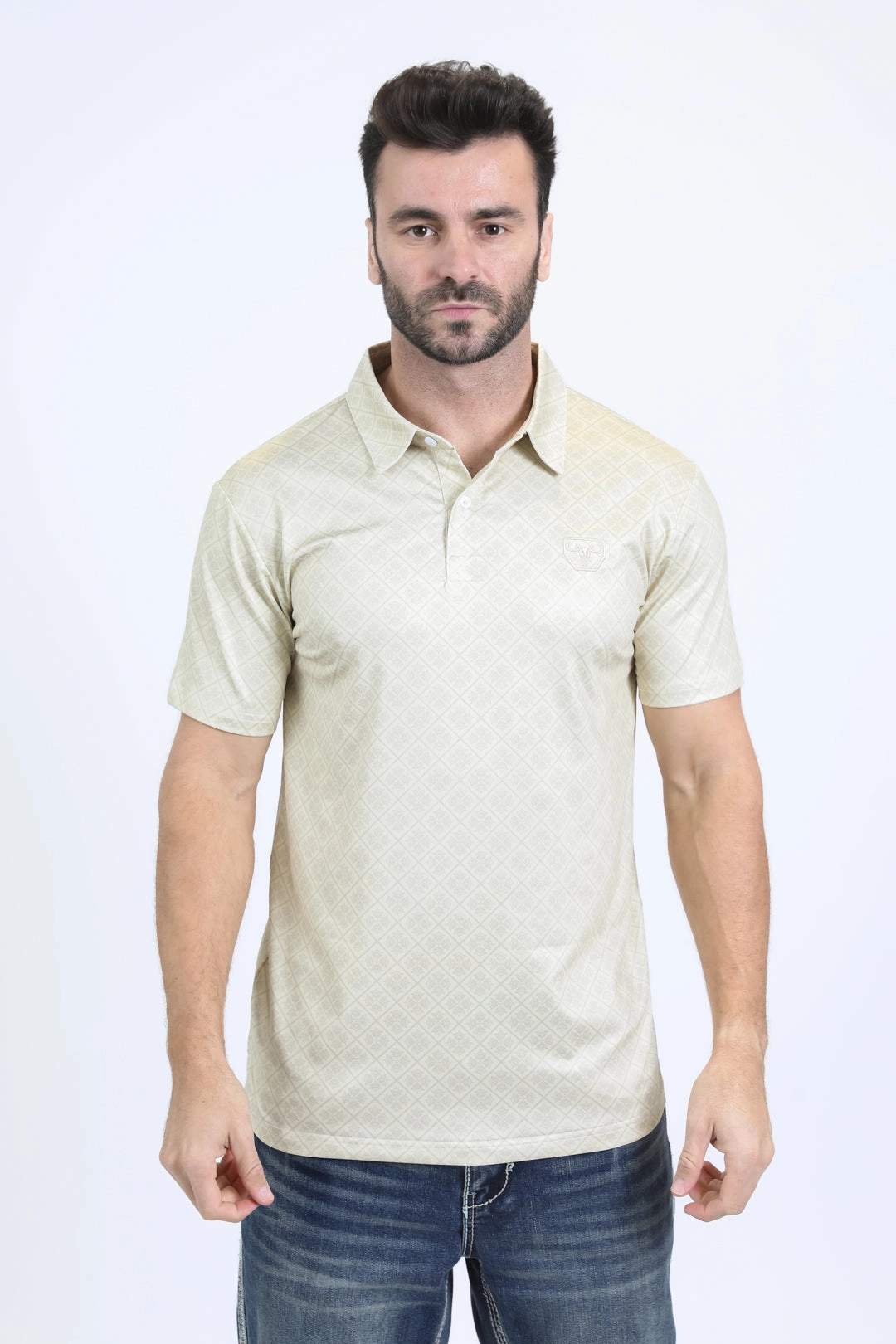 Mens Performance Fabric Modern Fit Stretch Aztec Print Beige Polo QuickDry Technology Micro Perforated Fabric