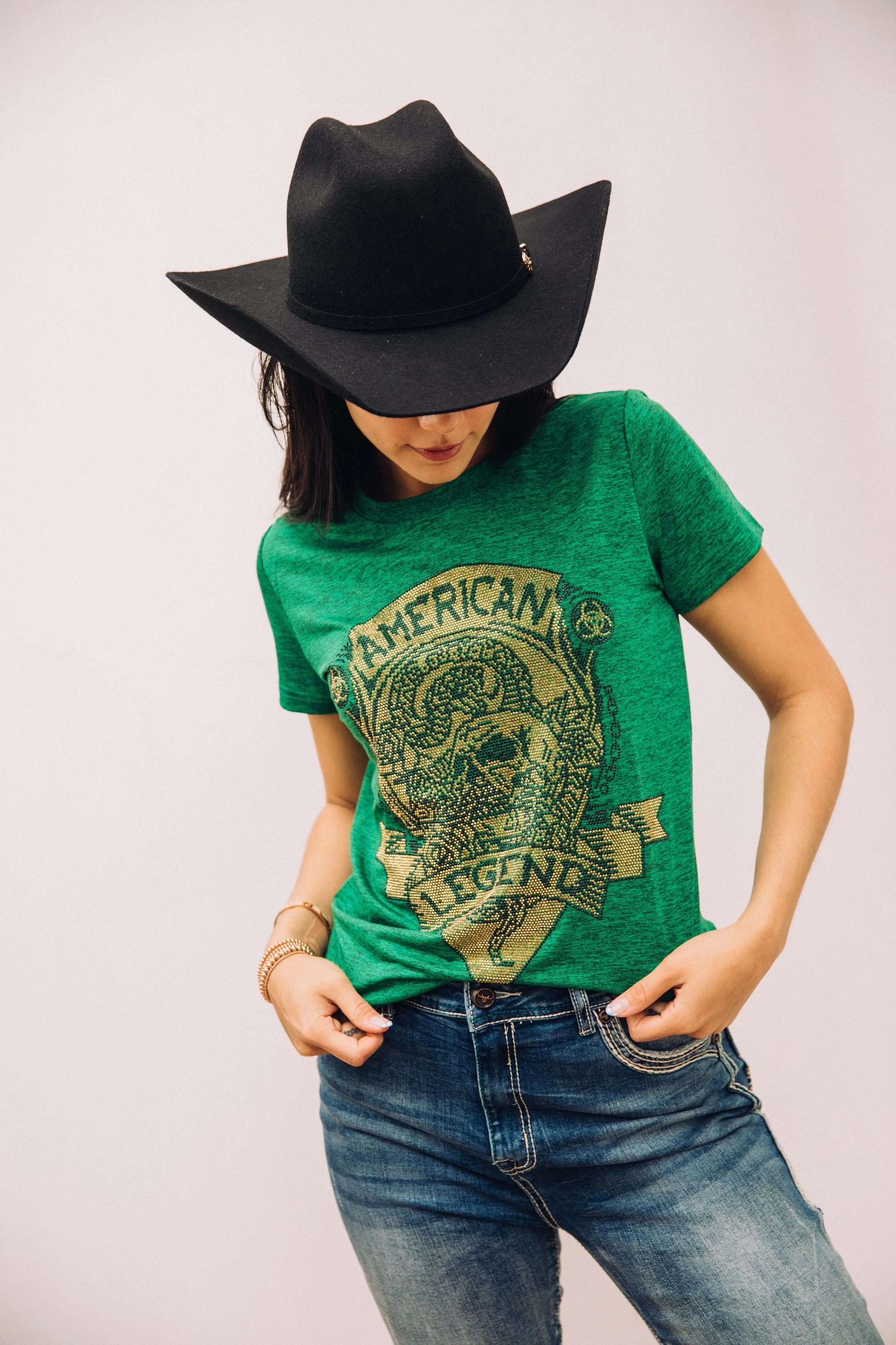 Women's Cotton American Legend Graphic Print Green T-shirt Fresh Outfit