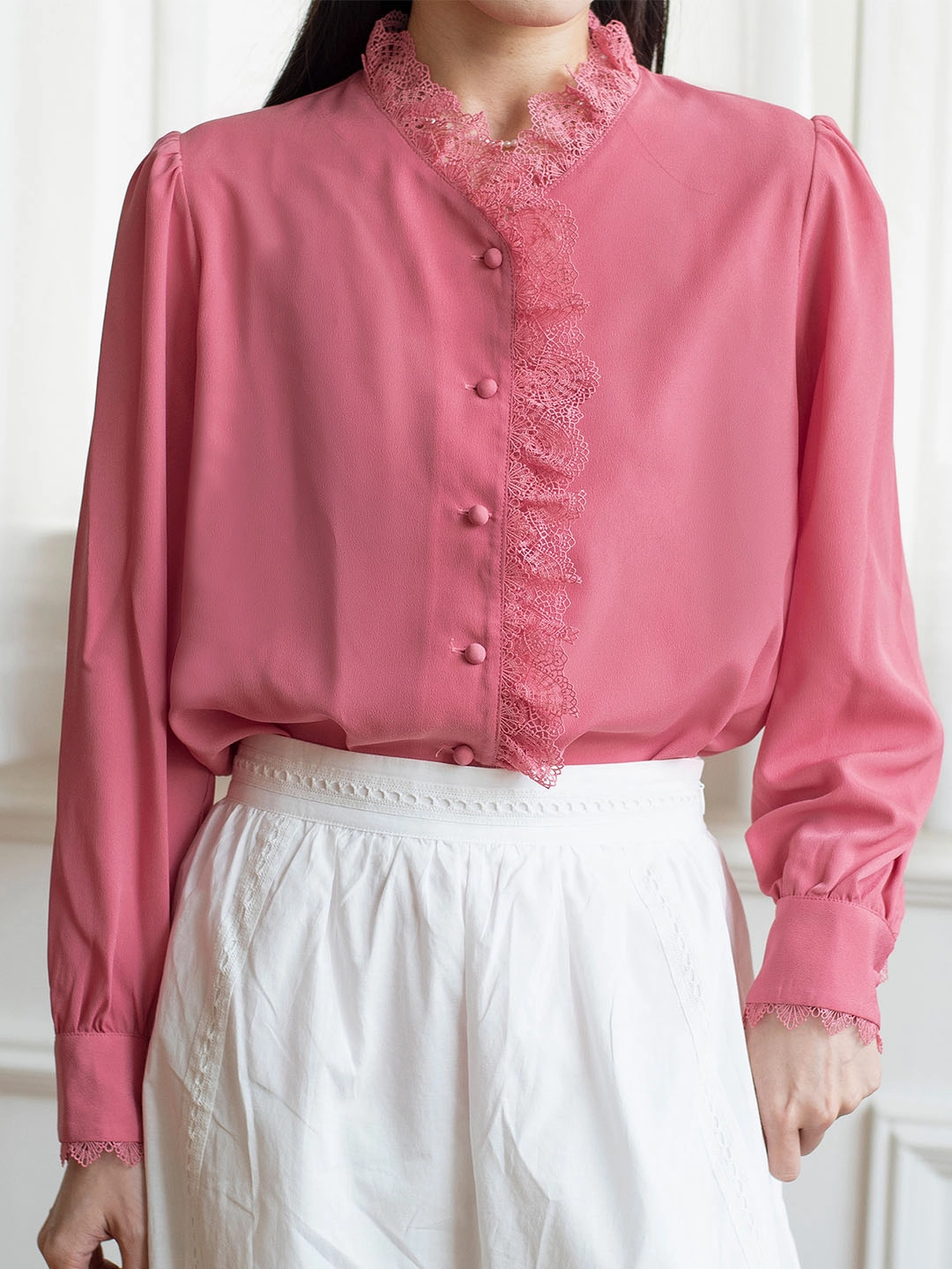 Plane Mood Hanna Puff Sleeve Pink Lace Blouse