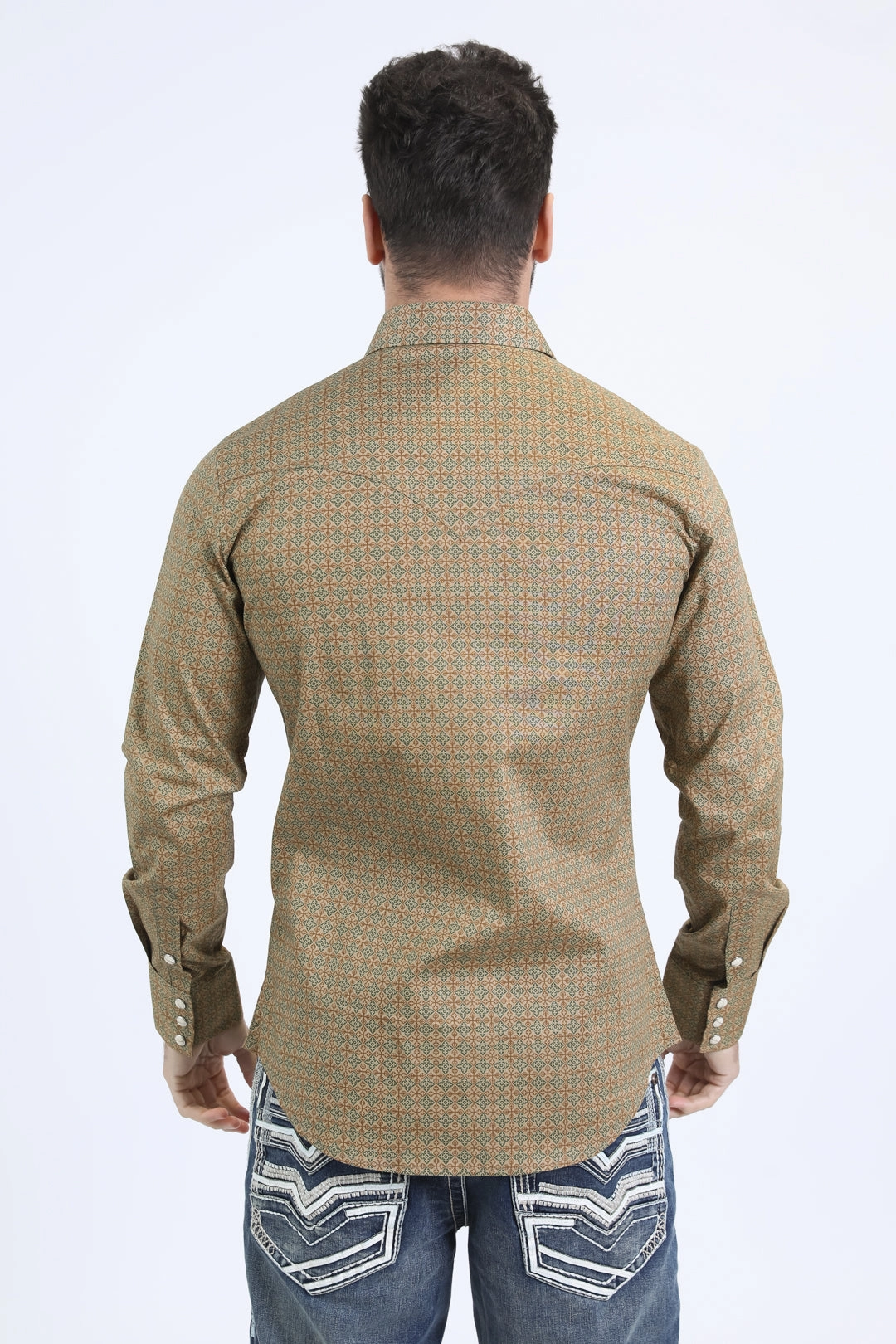 decorative element Sophisticated Elegance Mens Western Modern Fit Cotton/Spandex Long Sleeve Khaki Shirt with Snaps