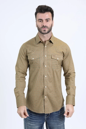 Plus size option Mens Western Modern Fit Cotton/Spandex Long Sleeve Khaki Shirt with Snaps