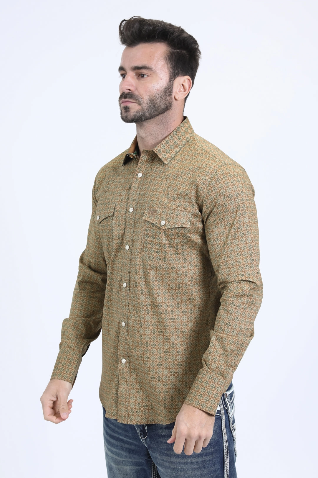 Mens Western Modern Fit Cotton/Spandex Long Sleeve Khaki Shirt with Snaps Classic Wear Wardrobe Must-Have