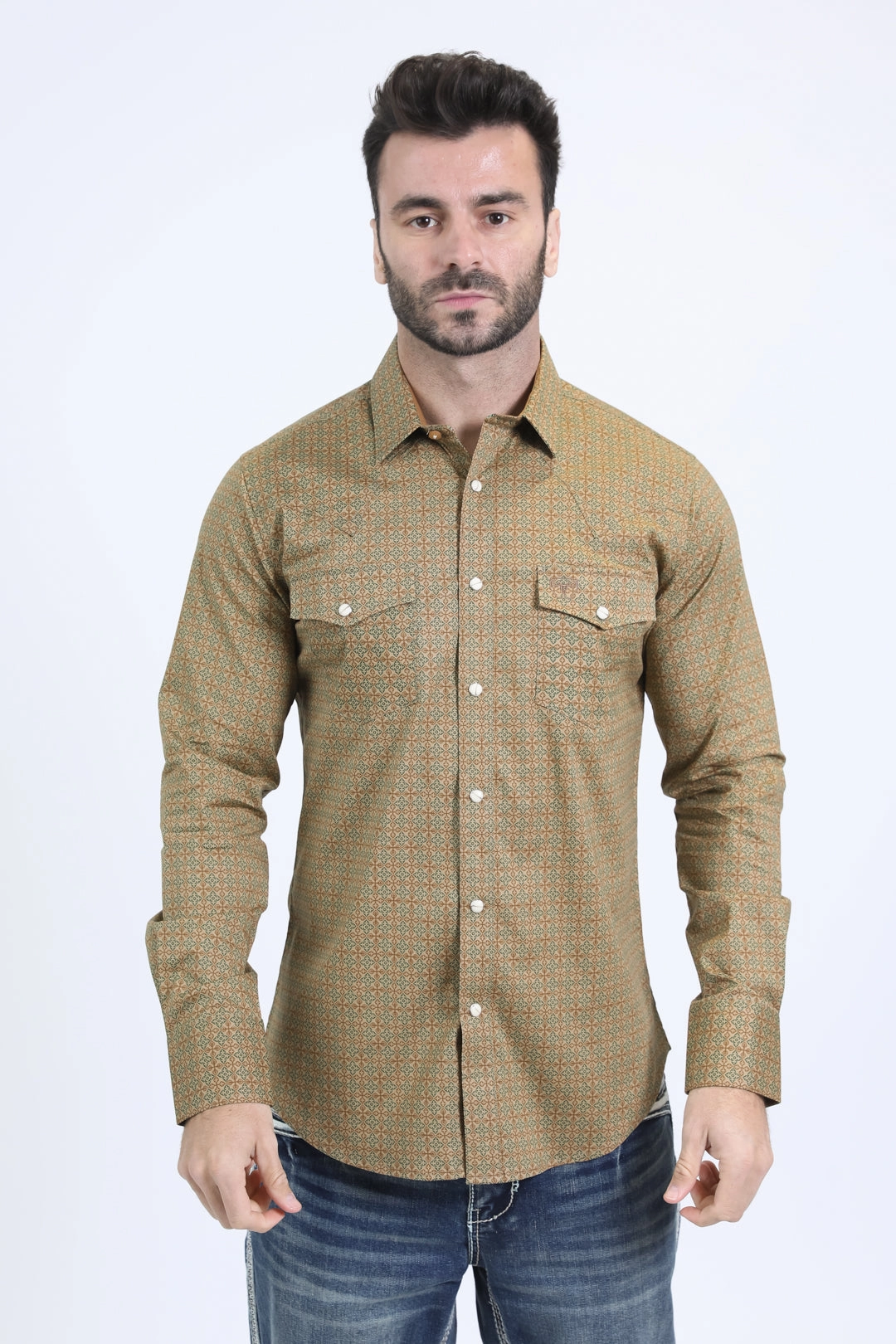 Plus size option Mens Western Modern Fit Cotton/Spandex Long Sleeve Khaki Shirt with Snaps