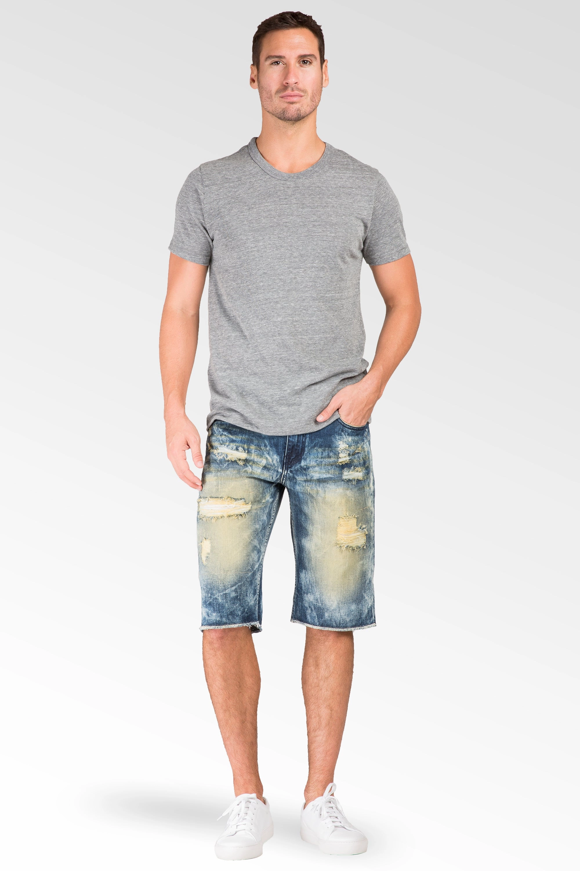 ComfortStretch Relaxed Premium Denim 13" Cut Off 5 Pocket Shorts Tainted Destroyed & Mended
