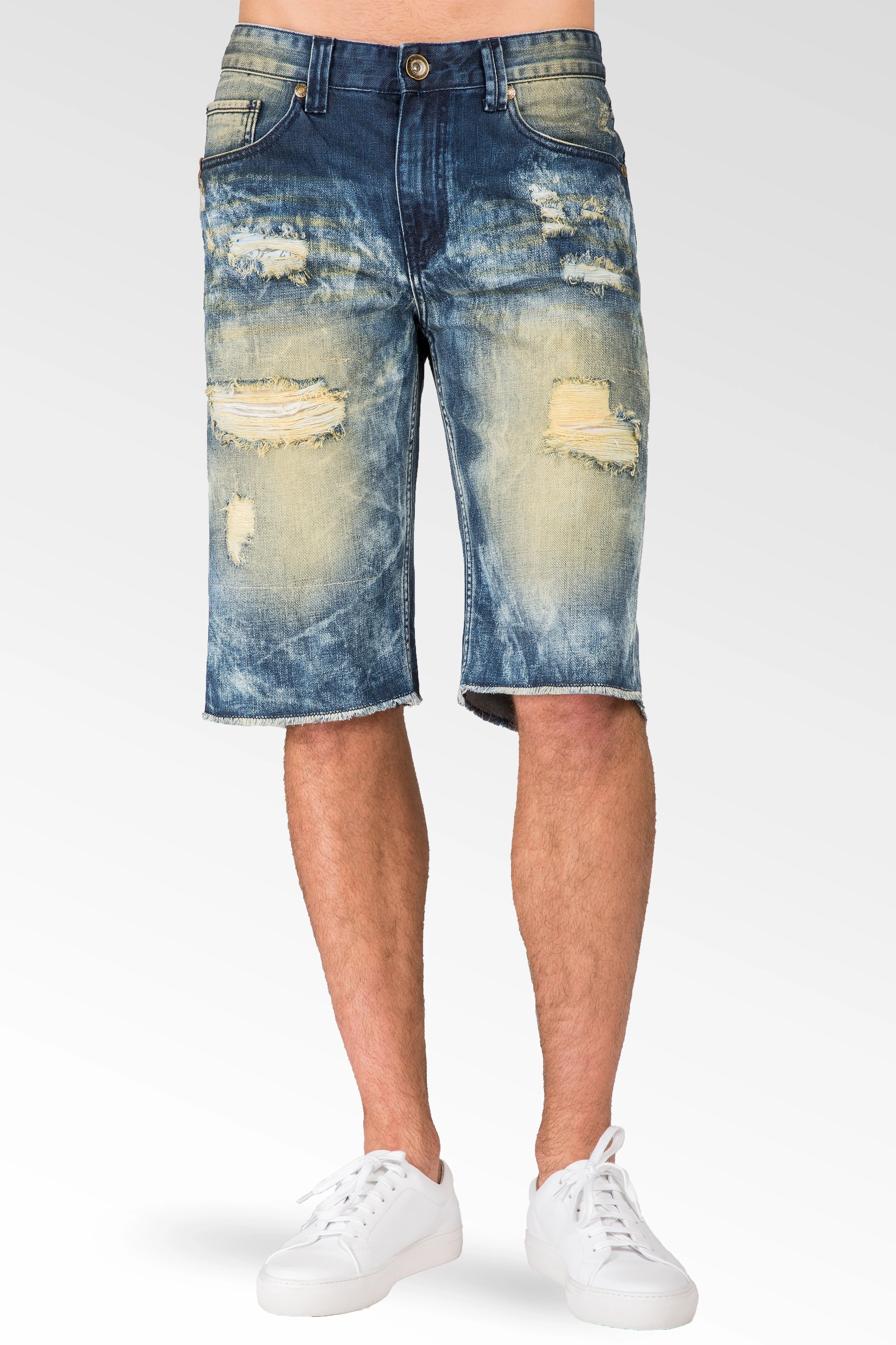 NonRestrictive Design Relaxed Premium Denim 13" Cut Off 5 Pocket Shorts Tainted Destroyed & Mended