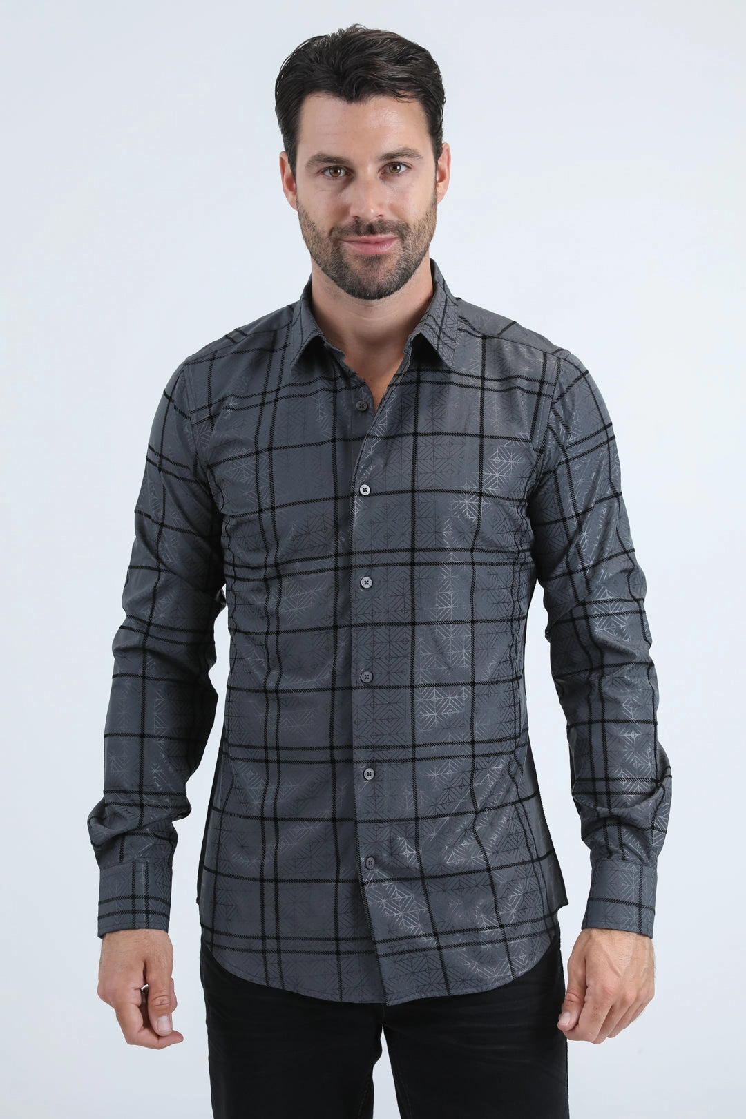 Versatile Clothing Multi Functional Pockets Men's Flocked Modern Fit Spandex Charcoal Shirt