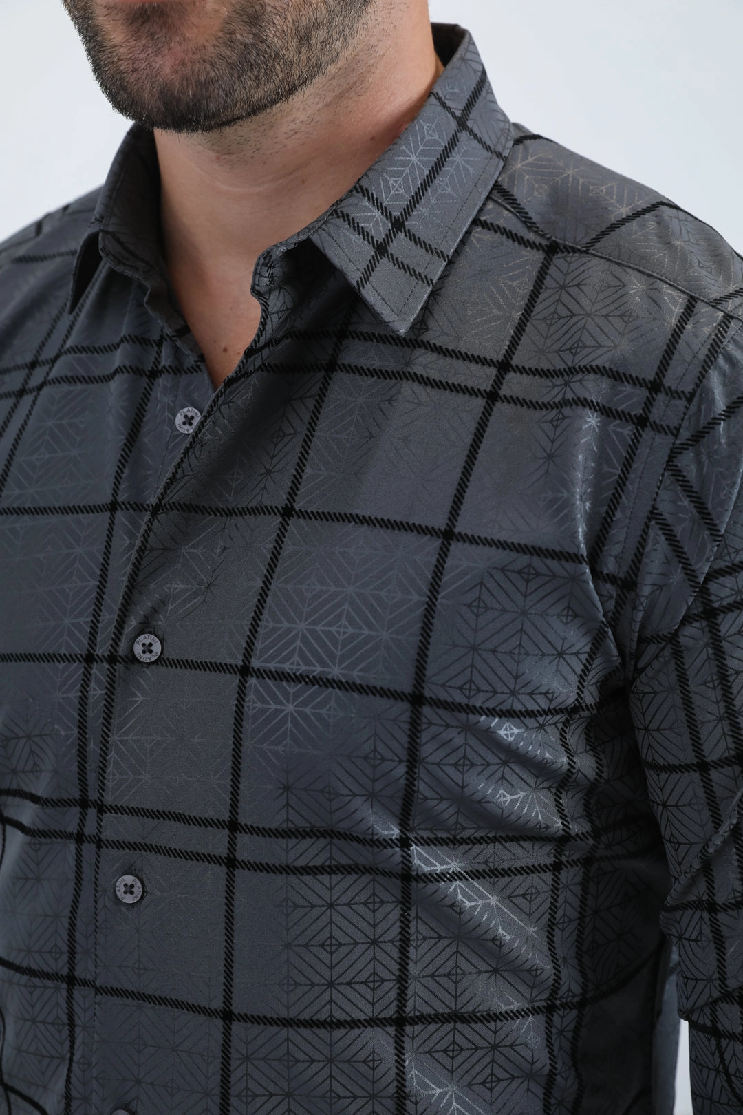 Men's Flocked Modern Fit Spandex Charcoal Shirt Smooth Seam Finish Classic Collar