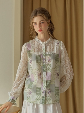 ??Final Sale??Vivienne Lace Collar Patchwork Blouse - Green Quiet Luxury Silent Mood