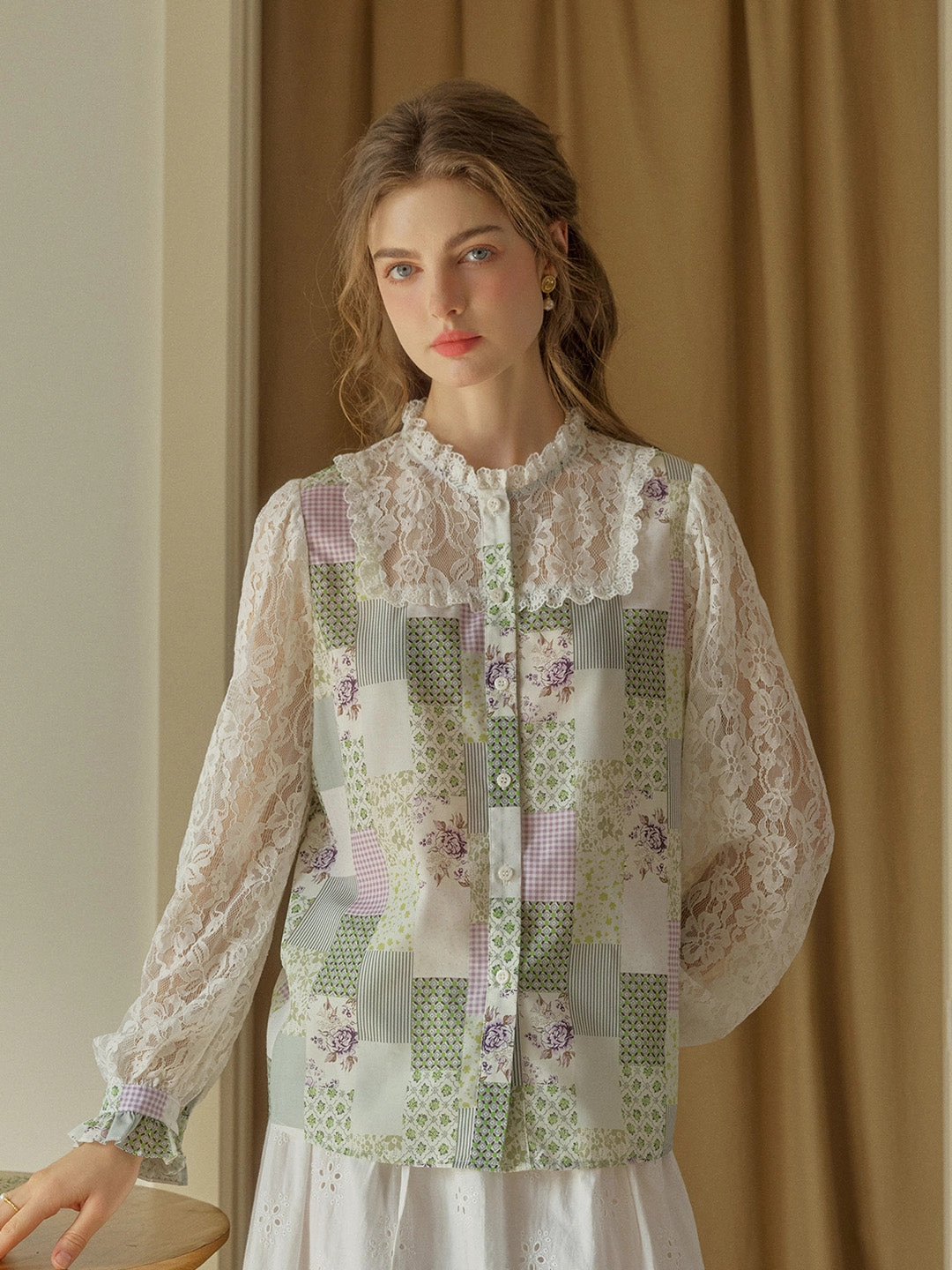 ??Final Sale??Vivienne Lace Collar Patchwork Blouse - Green Sustain Glow