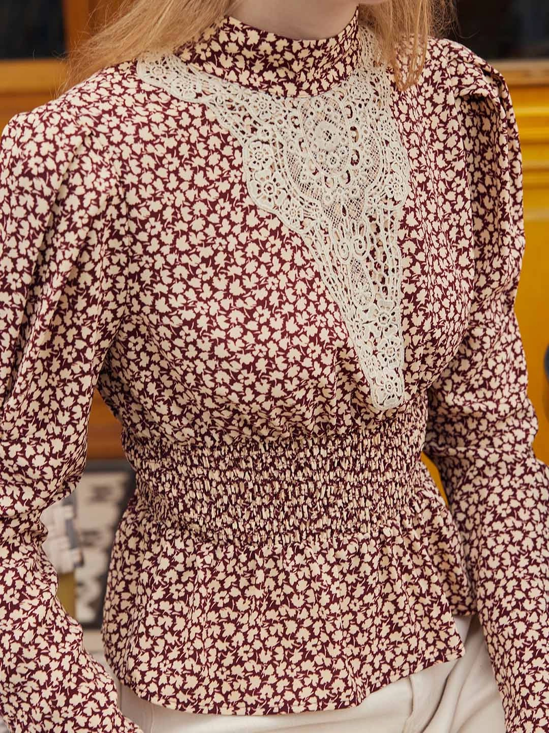 french chic Bead Soul ??Flash Sale??Scarlett Maple Leaf Print Waist-Cinching Lace Contrast Blouse