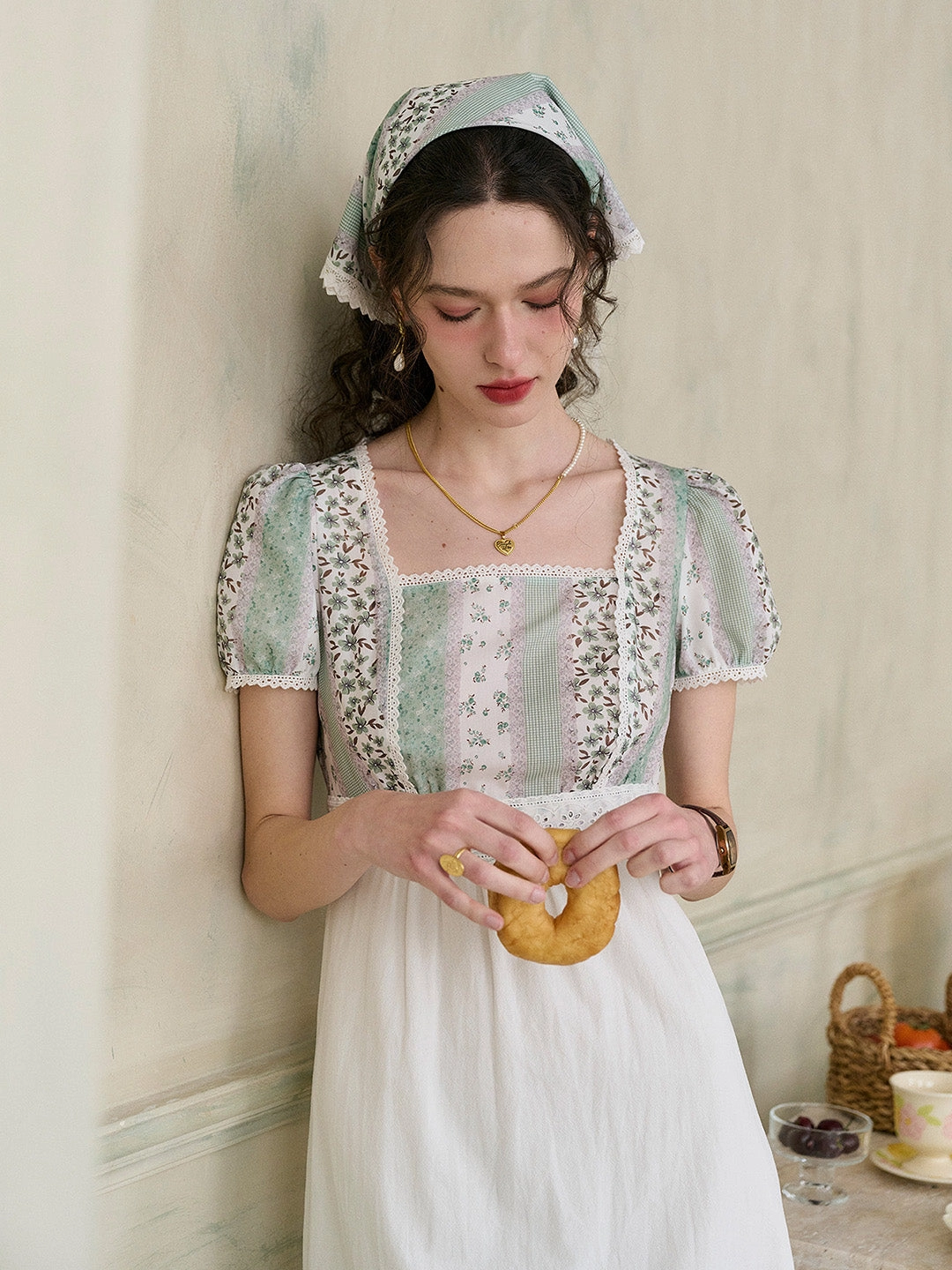 Denim Cool VersatileCuff ??Final Sale??Bria Square Collar Contrasting Trimmed Floral Pleated Dress