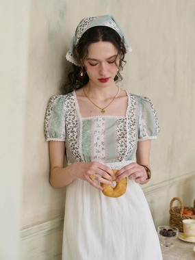 Denim Cool VersatileCuff ??Final Sale??Bria Square Collar Contrasting Trimmed Floral Pleated Dress