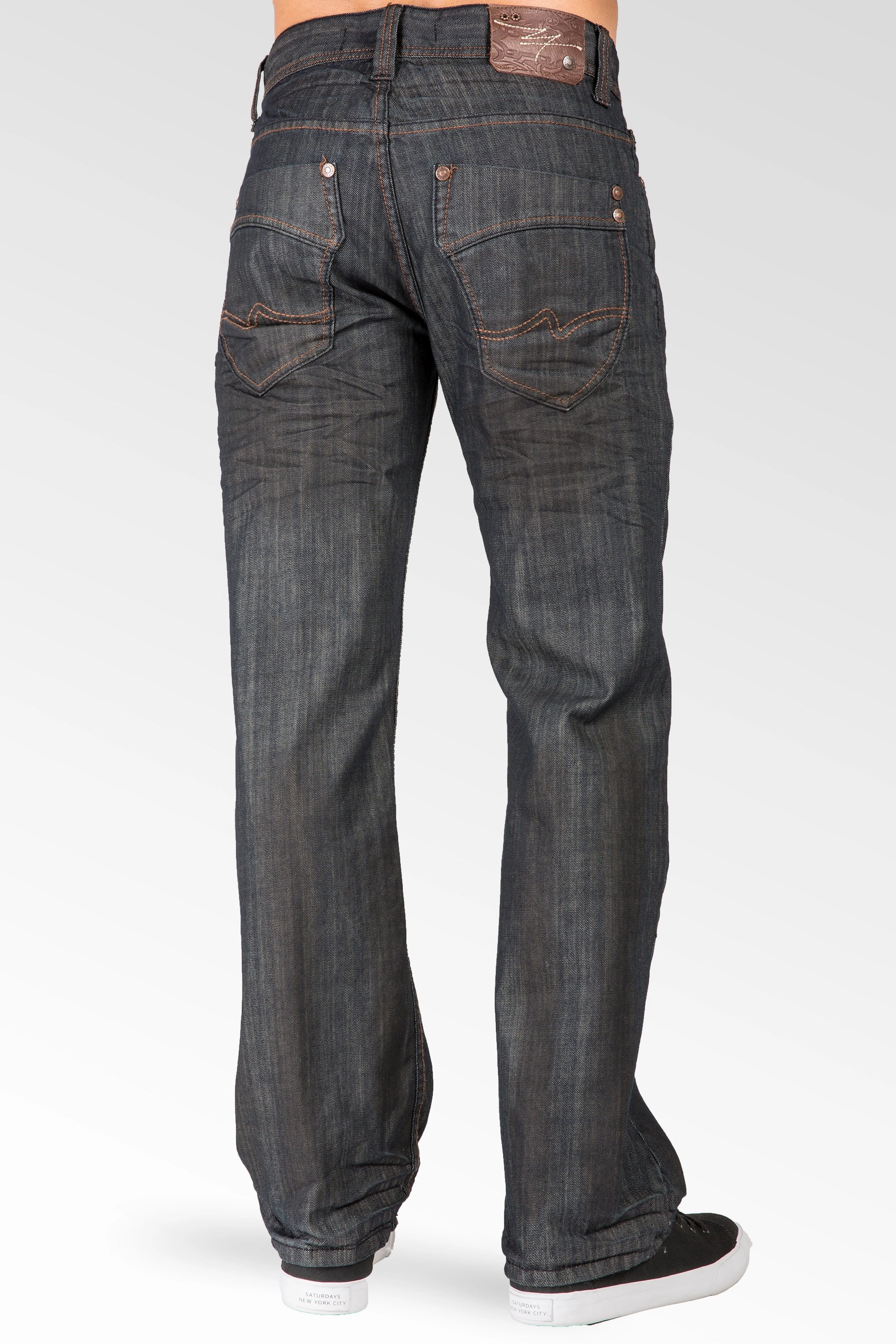 Midrise Relaxed Bootcut Dark Premium Denim 5 pocket Jeans Oil Stain Coating & Whiskering AbrasionResistantFabric