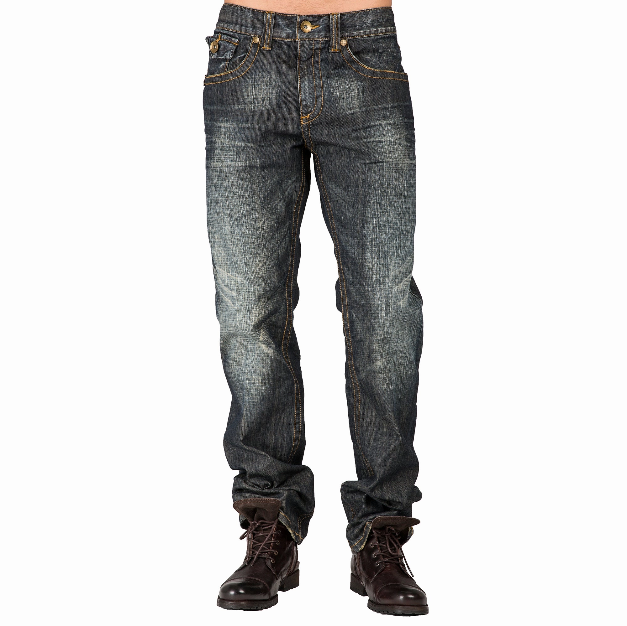 Relaxed Straight Dark Vintage Zip Premium Denim Zip utility Pocket Jeans Hand Sanding Eco-Friendly Material