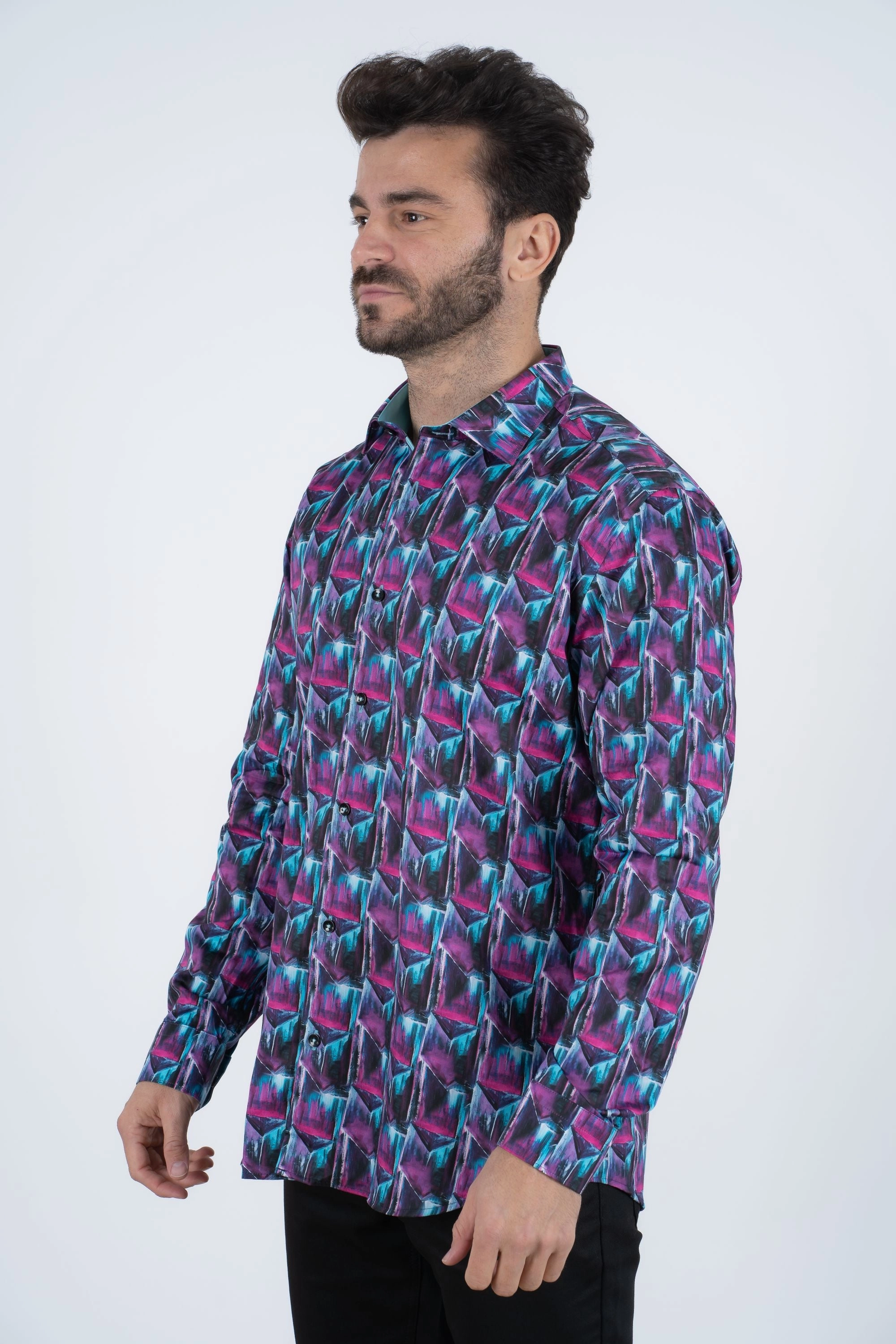 Purple Rings Print Satin Cotton/Spandex Long Sleeve Shirt Smooth Zipper Design Sustainable Manufacturing Process