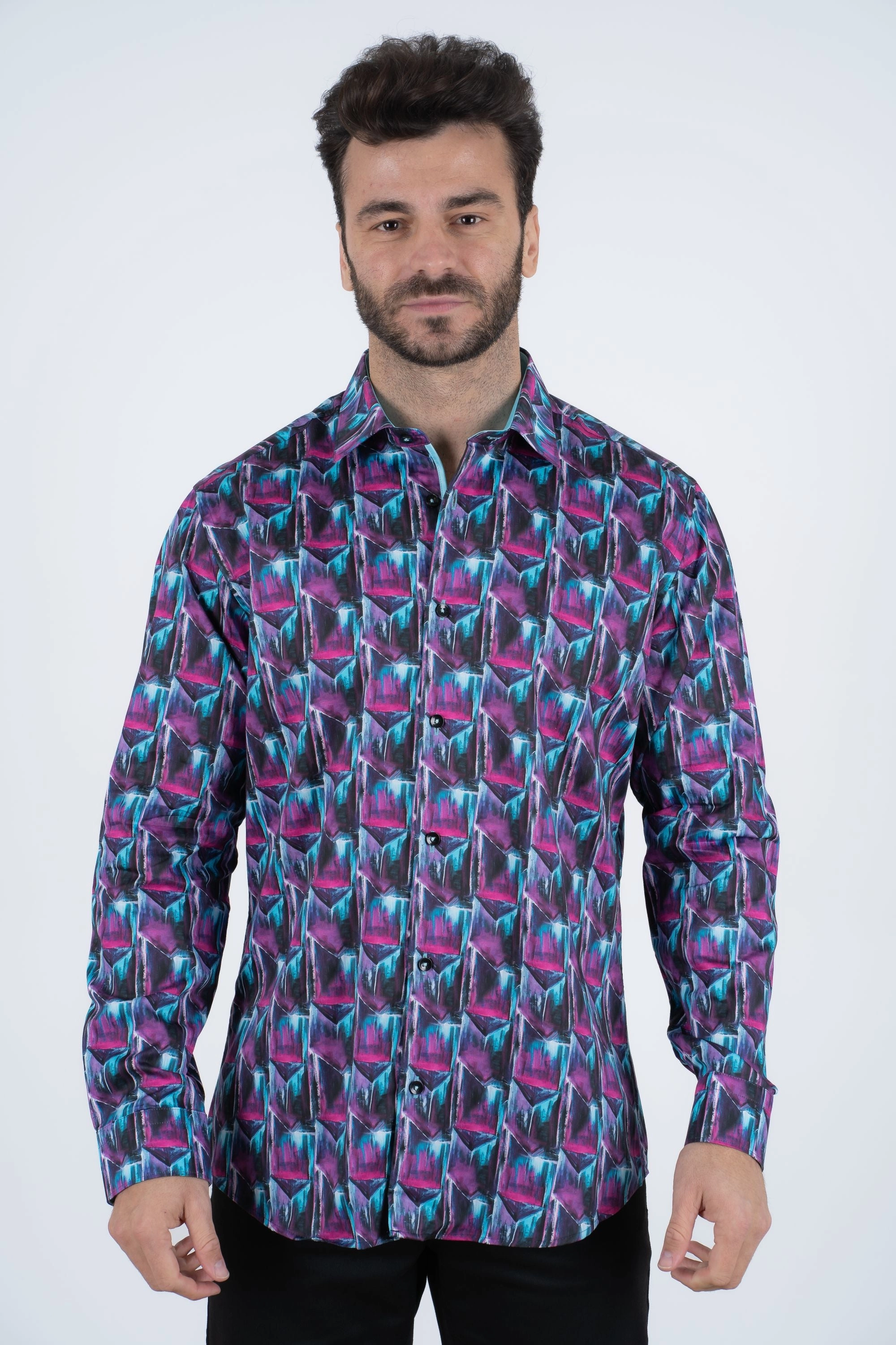 Purple Rings Print Satin Cotton/Spandex Long Sleeve Shirt Stylish Comfort