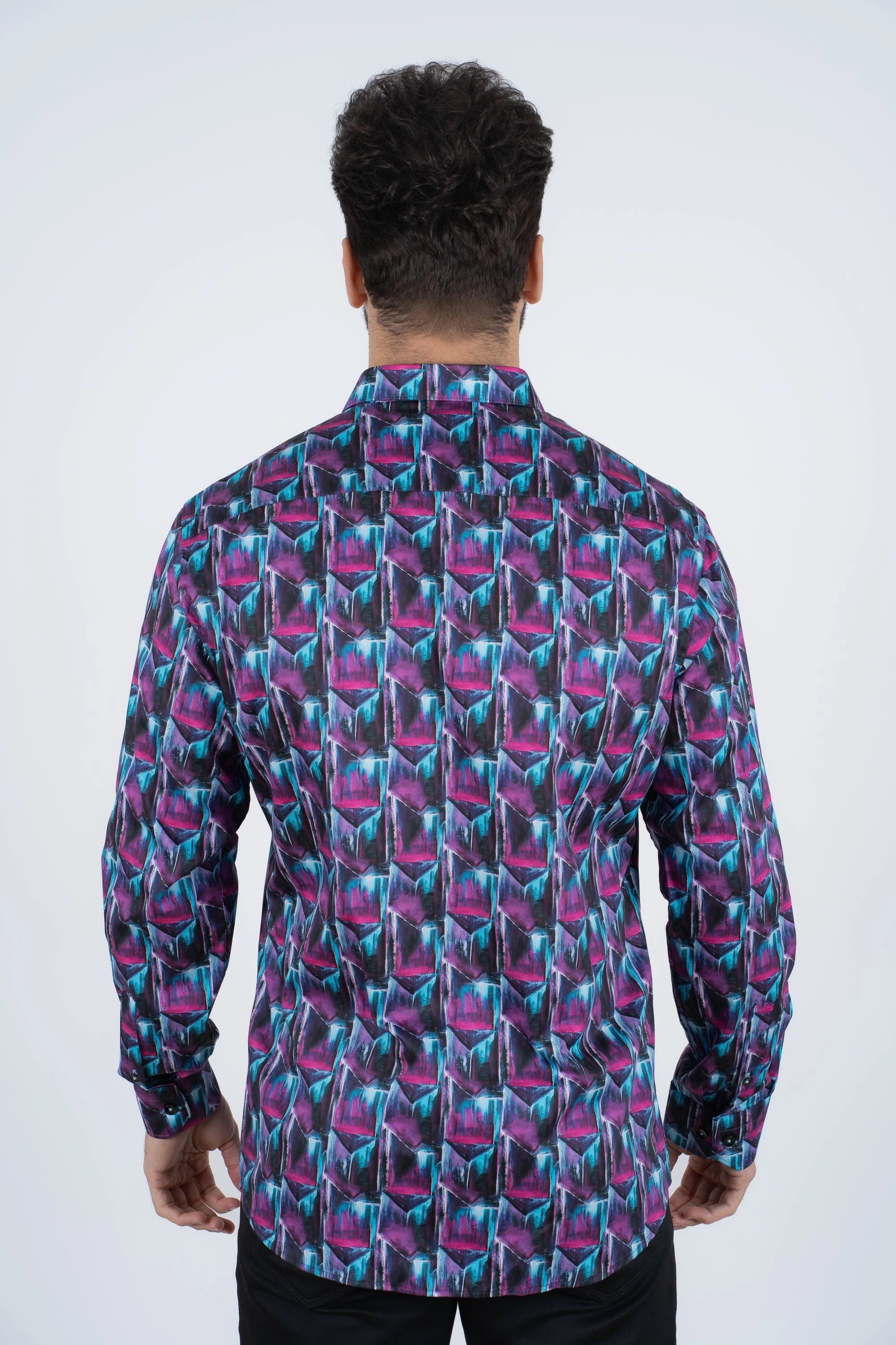 Purple Rings Print Satin Cotton/Spandex Long Sleeve Shirt Everyday Wear Clean Edge Trim