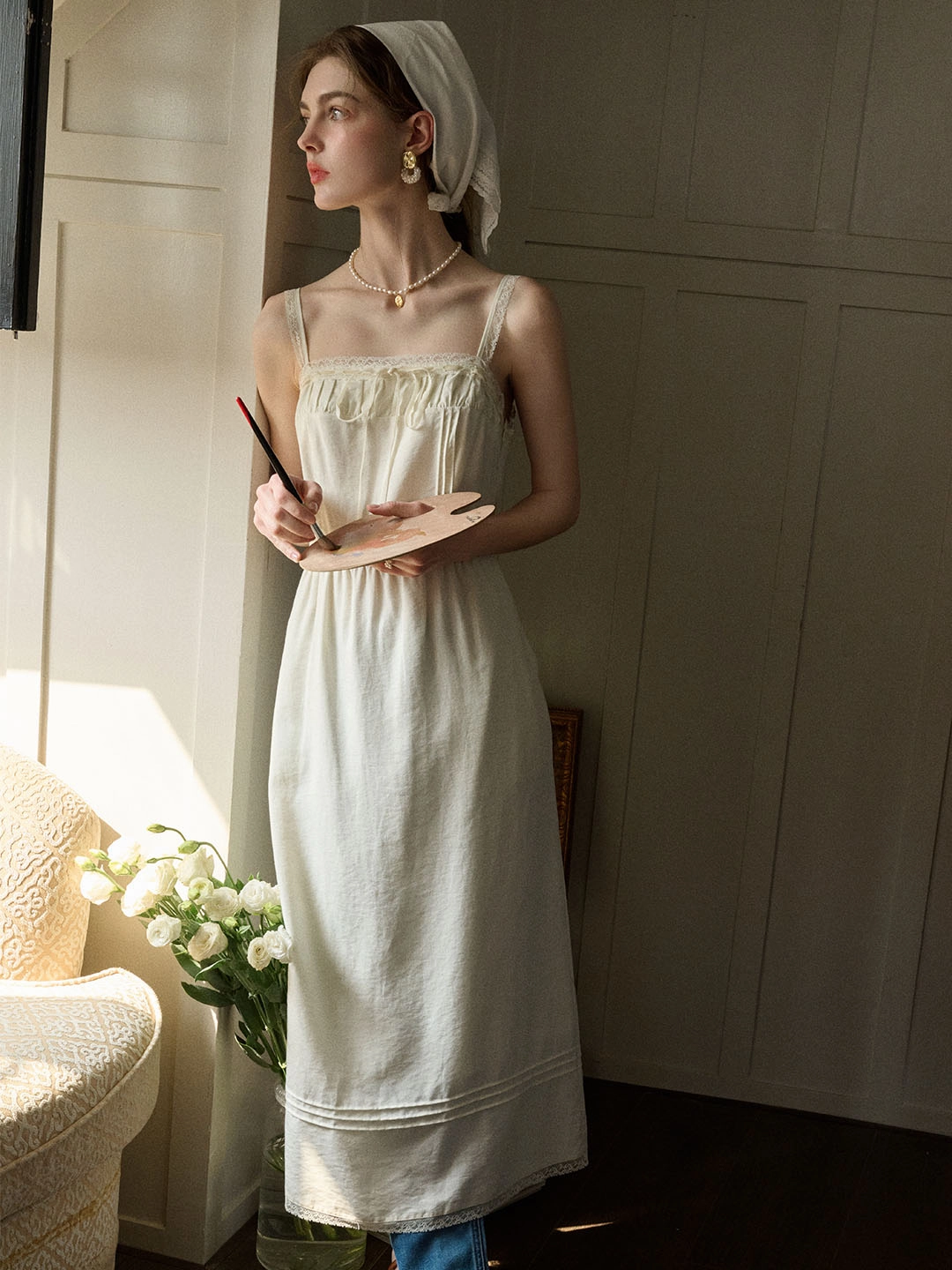 Laura Lace Square Neck Bow Sling Dress Vision Glow Outdoor Pants