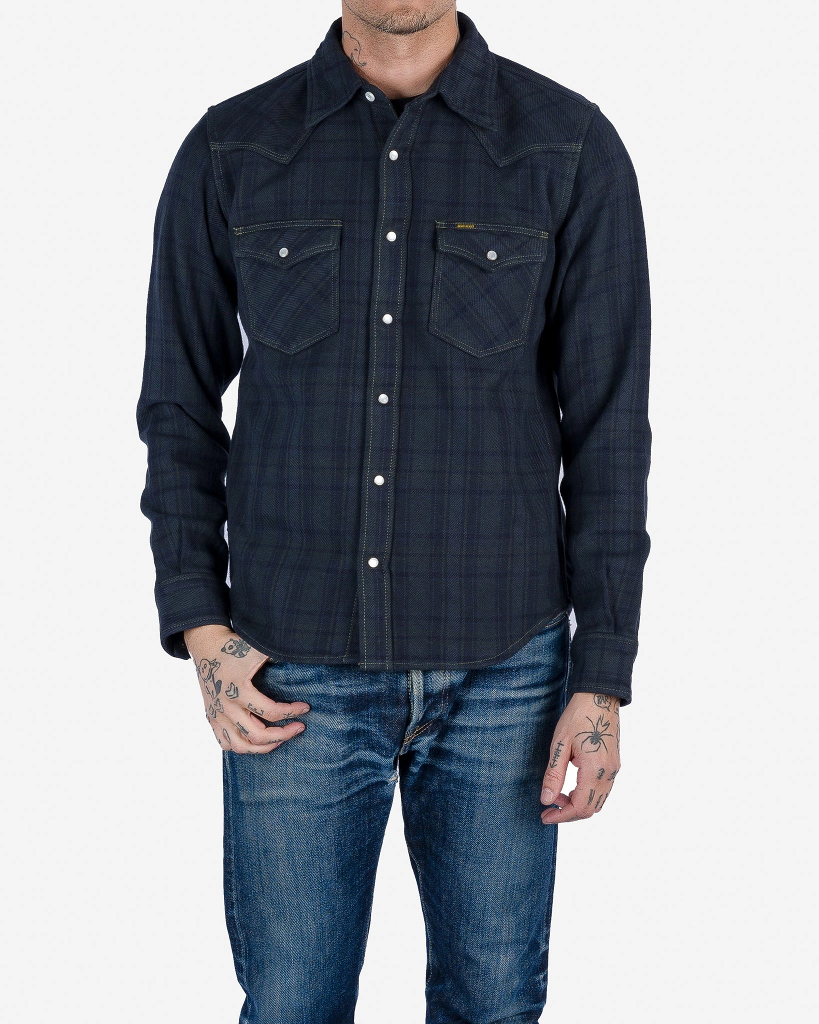 Creative Flow Ultra Heavy Flannel Tartan Check Western Shirt - Green Overdyed Black
